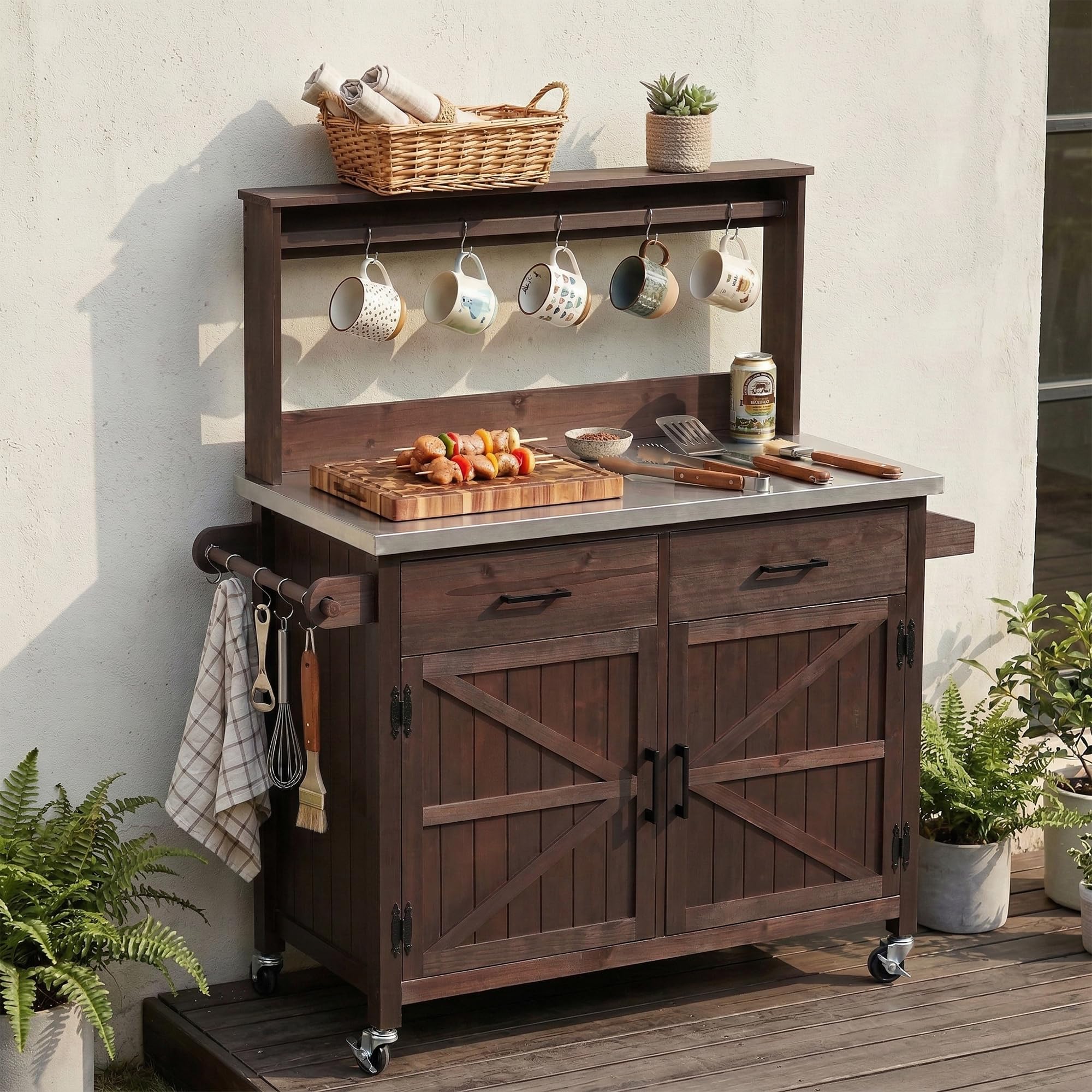 LUMISOL Outdoor Grill Table with Stainless Steel Top, Solid Wood Kitchen Island with Internal Storage Rack, Outdoor Storage Cabinet, Farmhouse Rolling Bar Cart with Spice & Towel Rack, Black
