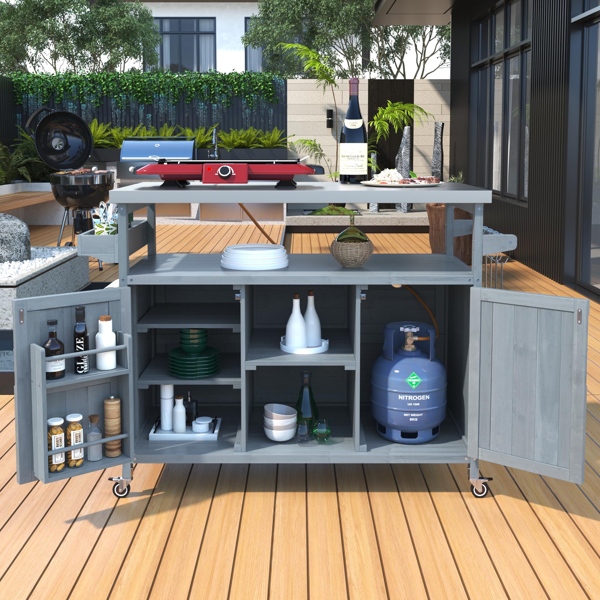 Farmhouse Outdoor Kitchen Island, Rolling Bar Cart & Storage Cabinet with Stainless Steel Top, Spice Rack, Towel Rack for Kitchen & Barbecue, Solid Wood Outdoor Grill Table (Natural)