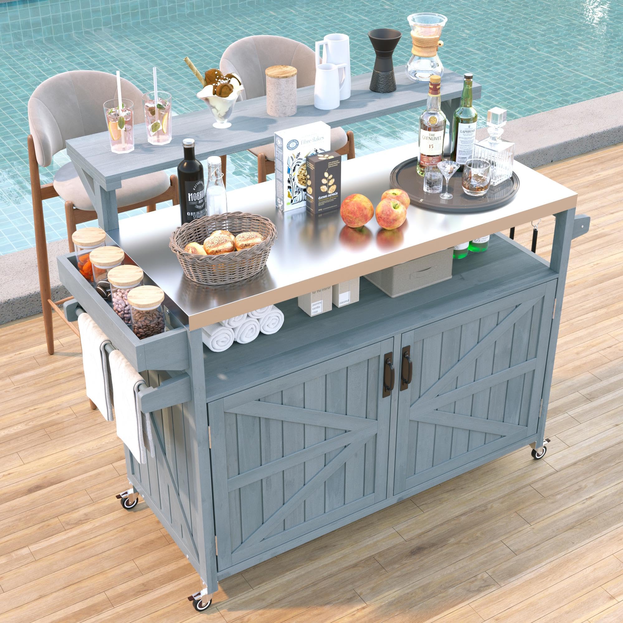 YOPTO 53.3" Outdoor Kitchen Island with Raised Shelf,Solid Wood Grill Cart,Stainless Steel Top,Adjustable Shelf,Spice Rack,Lockable Wheels,Brown