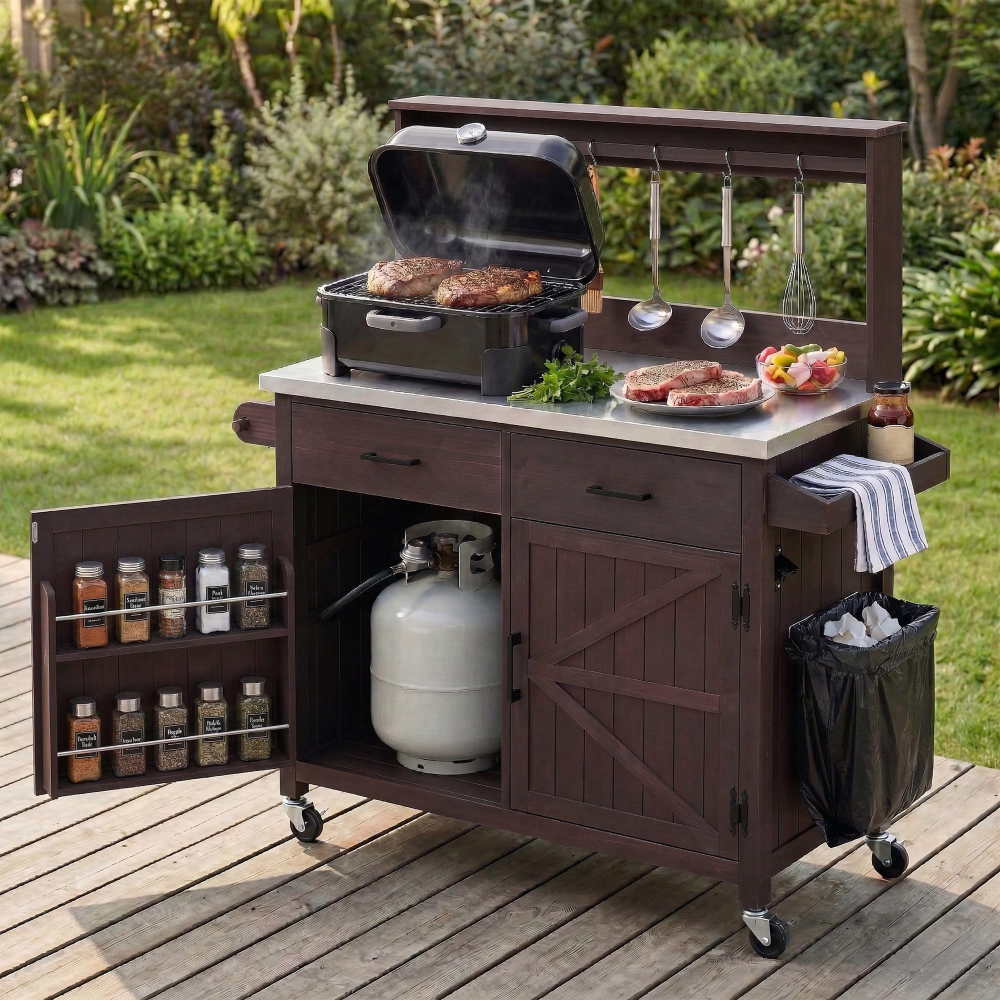 Outdoor Grill Table with Stainless Steel Top, Solid Wood Outdoor Kitchen Island with Drawer for Big Green Egg, Rolling Kitchen Cart for Blackstone Griddle (Dark Brown)