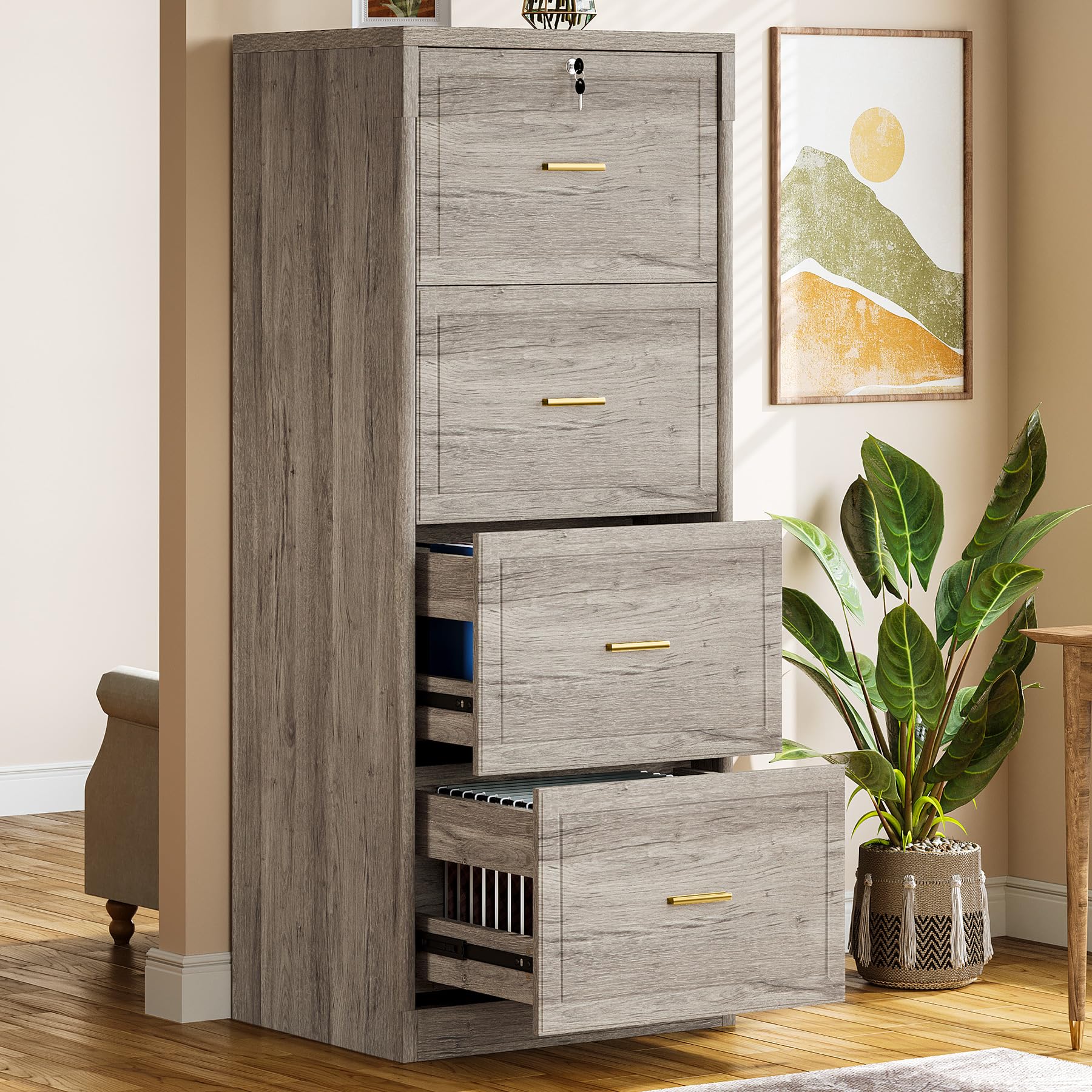 Tribesigns 4-Drawer File Cabinet with Lock, Locked File Cabinet with Key, Tall Wooden Filing Cabinets for Home Office, Vertical Office Storage for Legal Size/Letter/A4/Files, Black