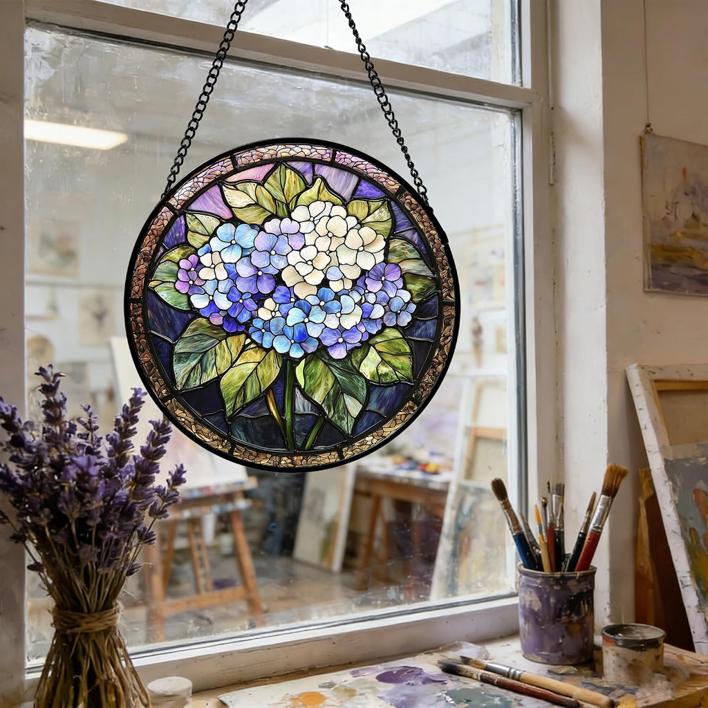 DASTOLL Stained Glass Window Hanging, Hydrangea Flowers Sun Catchers Diamond Glass Panel Hangings Plant Suncatcher Decor for Birthday for Women, Men, Wife, Aunt, and Mom 6.3 in
