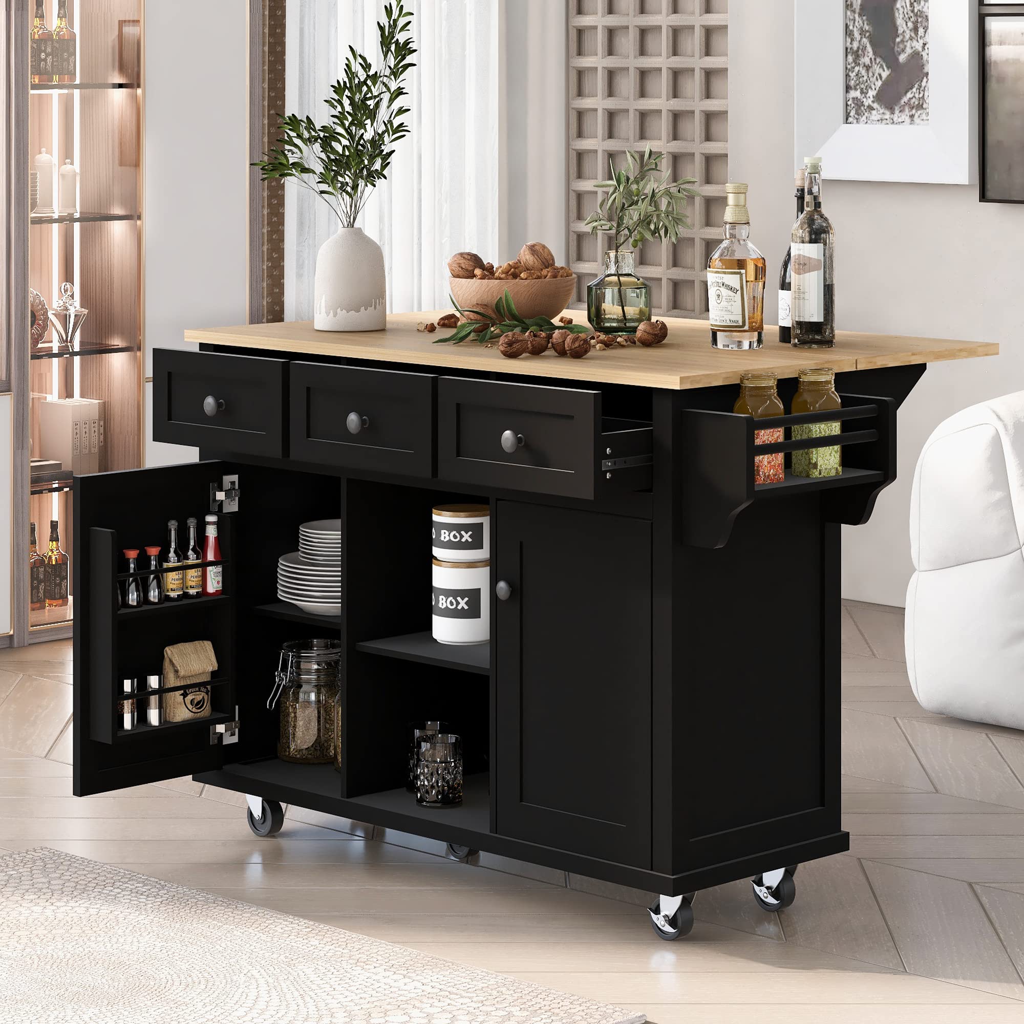 Farmhouse Outdoor Kitchen Island, Rolling Bar Cart & Storage Cabinet with Stainless Steel Top, Spice Rack, Towel Rack for Kitchen & Barbecue, Solid Wood Outdoor Grill Table (Natural)