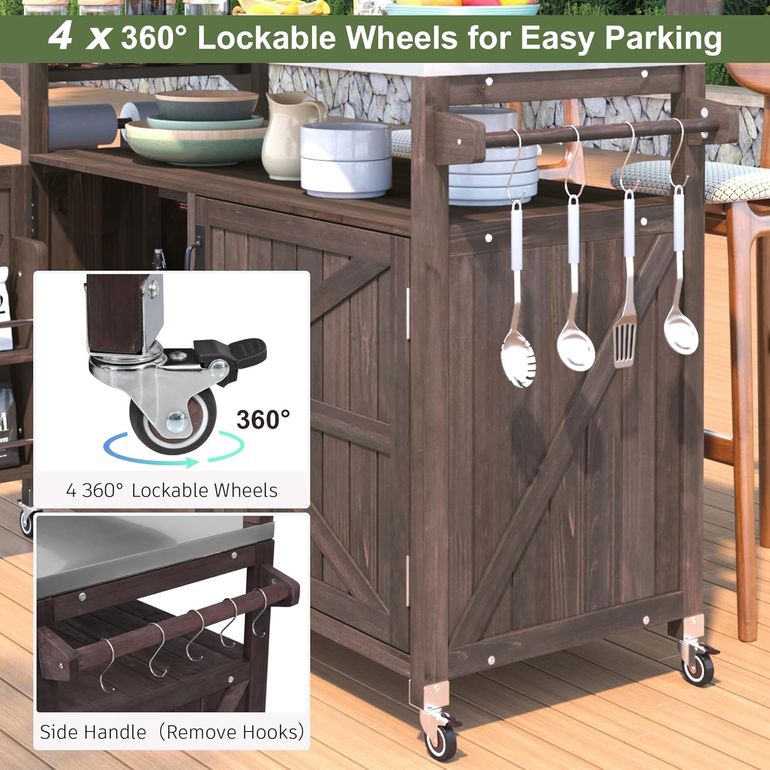 LUMISOL Outdoor Rolling Kitchen Island with Stainless Steel Top, Solid Wood Grill Table with Raised Shelf and Internal Storage Rack, 53.3" Storage Cabinet with Spice & Towel Rack, Brown