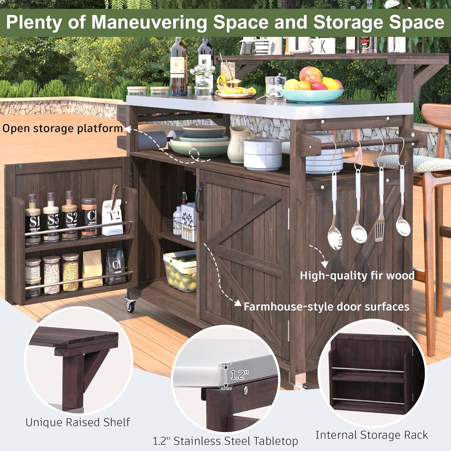 Merax 53.3" Outdoor Kitchen Island with Raised Shelf, Solid Wood Storage Cabinet with Stainless Steel Top, Rolling Grill Cart, Adjustable Shelf, Brown