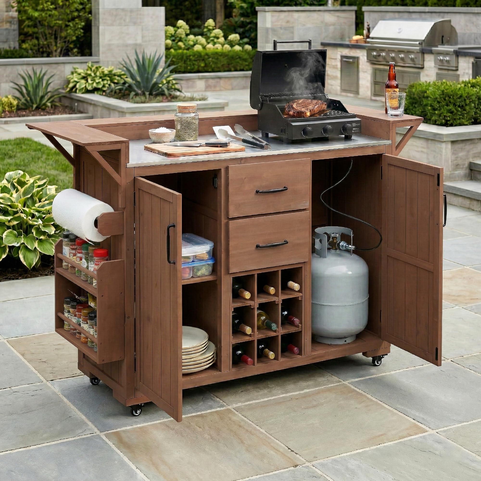 Outdoor Grill Table with Stainless Steel Top, Solid Wood Outdoor Kitchen Island with Drawer for Big Green Egg, Rolling Kitchen Cart for Blackstone Griddle (Dark Brown)