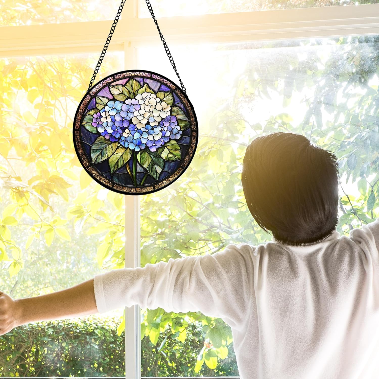 DASTOLL Stained Glass Window Hanging, Hydrangea Flowers Sun Catchers Diamond Glass Panel Hangings Plant Suncatcher Decor for Birthday for Women, Men, Wife, Aunt, and Mom 6.3 in