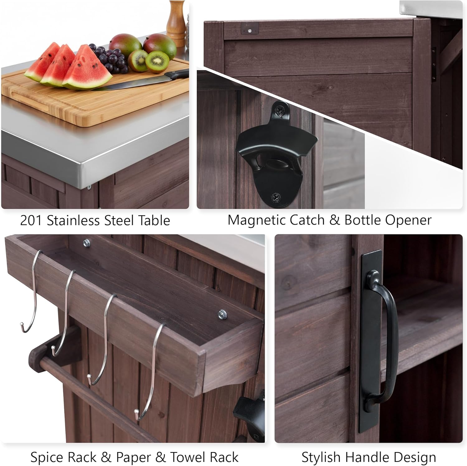 78.3" Outdoor Kitchen Island with Foldable Grill Table, Wooden Outdoor Grill Cart with Trash Can Storage & Stainless Steel Top, Outdoor Bar Cart, Pizza Oven Table for Lawn & Garden (Dark Brown1)