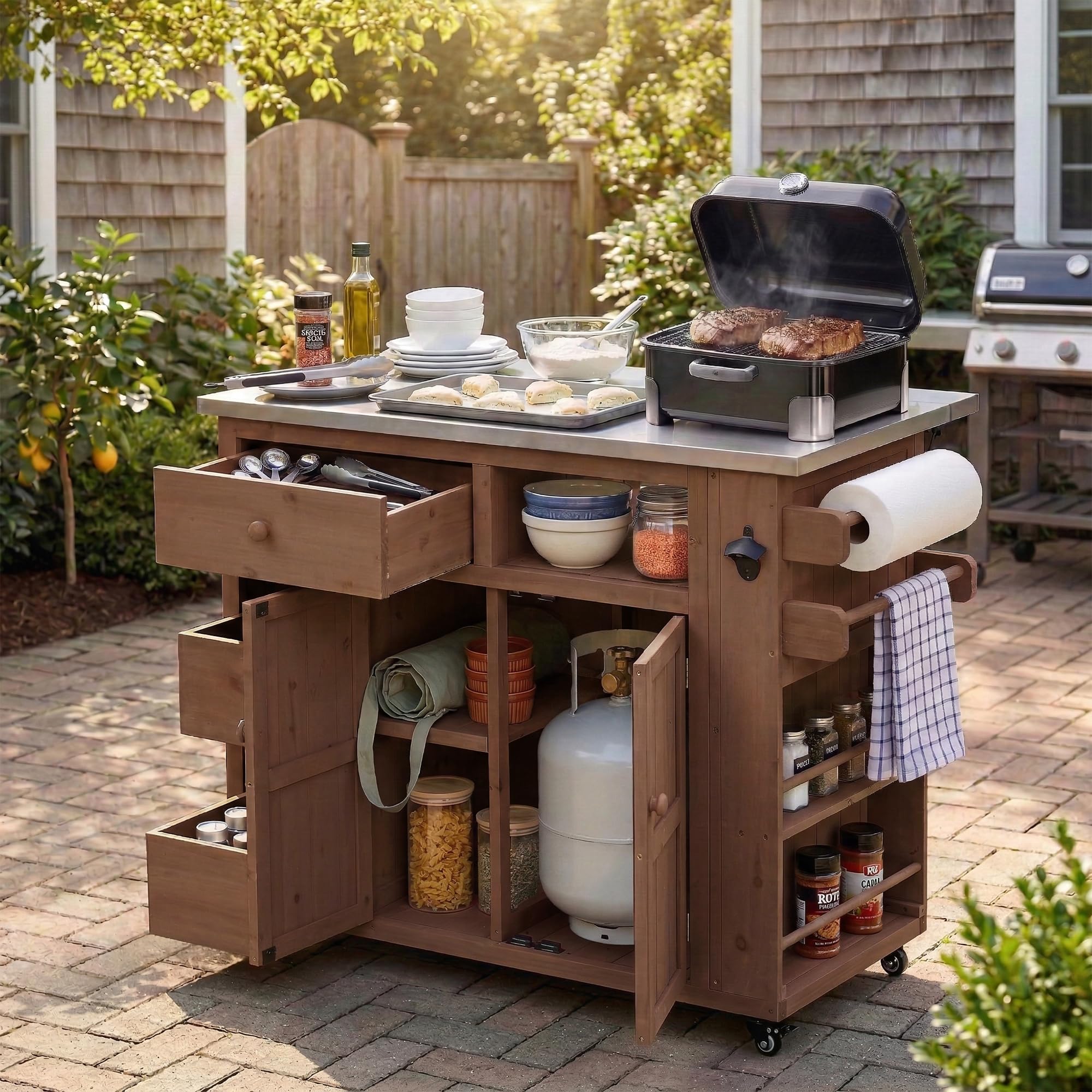Outdoor Grill Table with Stainless Steel Top, Solid Wood Outdoor Kitchen Island with Drawer for Big Green Egg, Rolling Kitchen Cart for Blackstone Griddle (Dark Brown)