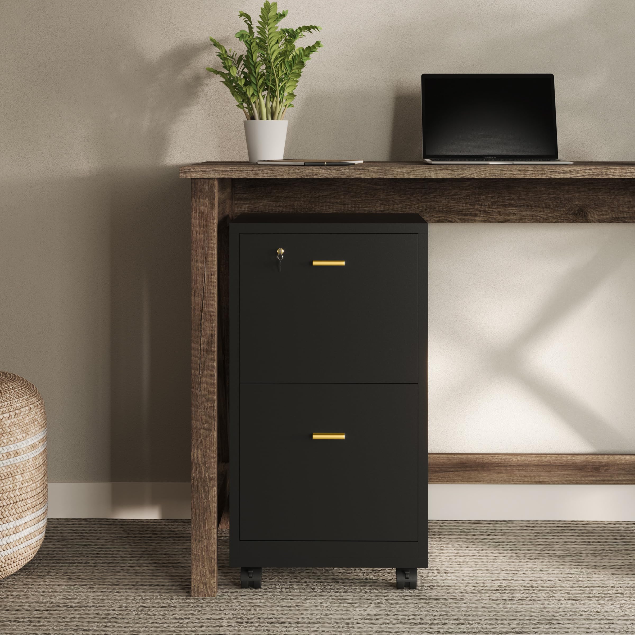 Lavish Home 2 Drawer File Cabinet - Filing Cabinet with Lock - Rolling File Cabinet for Under Desk Storage - Wood Filing Cabinet for Home or Office Organization (White)
