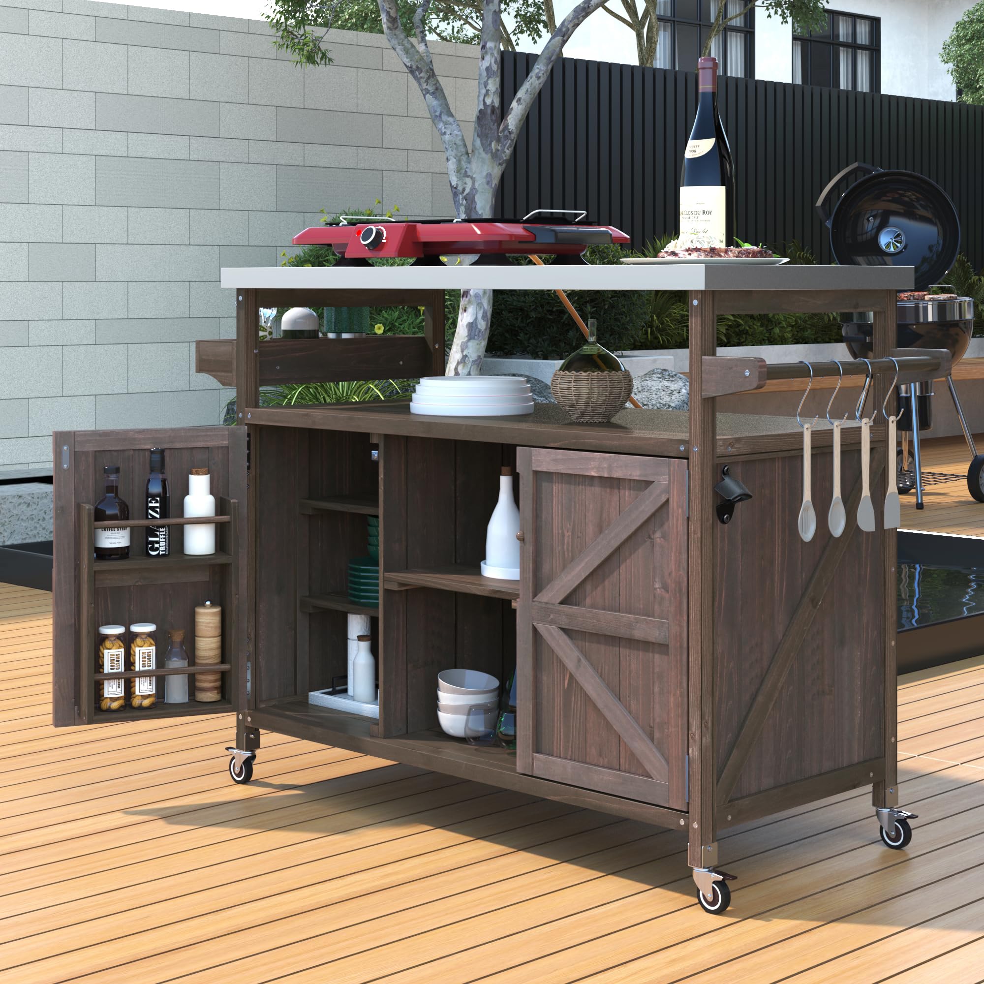 Merax Outdoor Kitchen Island, Rolling Bar Cart & Storage Cabinet, Farmhouse Solid Wood Outdoor Grill Table with Stainless Steel Top, Spice Rack, Towel Rack for Kitchen & BBQ, Natural