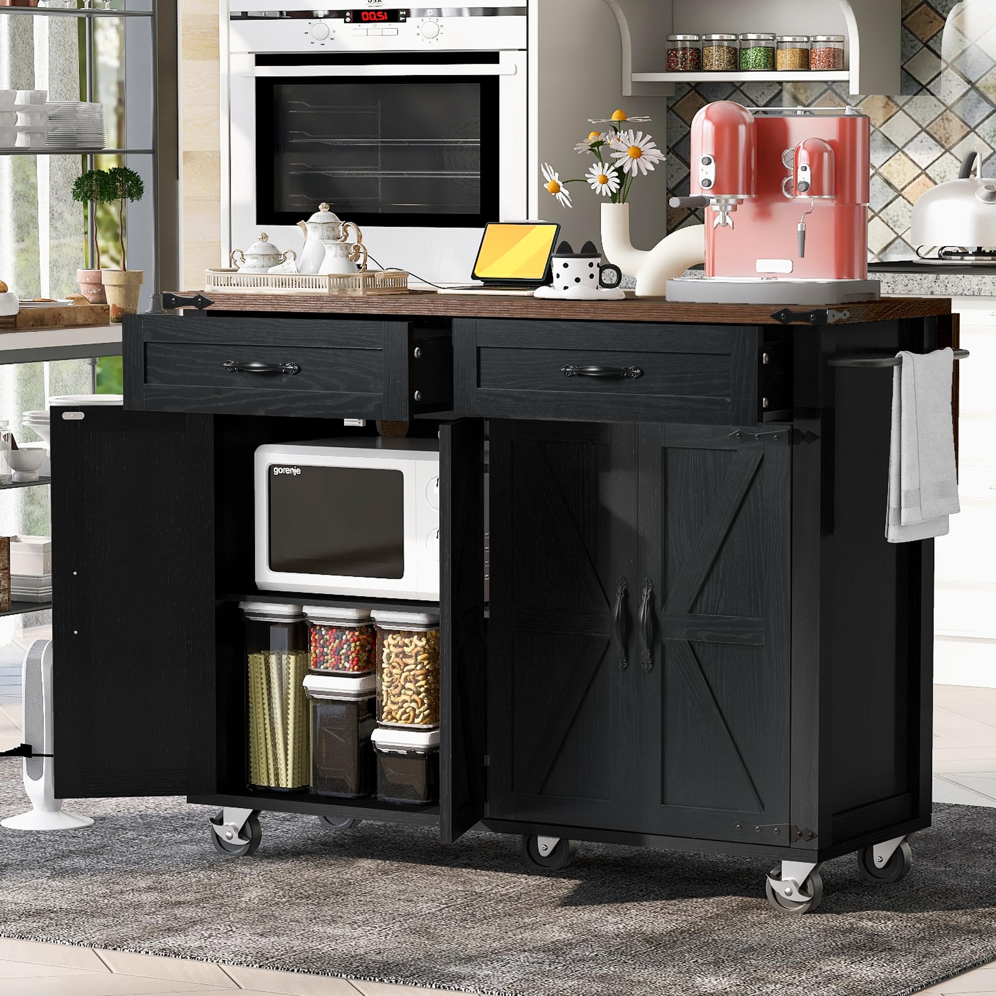 Merax Outdoor Kitchen Island, Rolling Bar Cart & Storage Cabinet, Farmhouse Solid Wood Outdoor Grill Table with Stainless Steel Top, Spice Rack, Towel Rack for Kitchen & BBQ, Natural