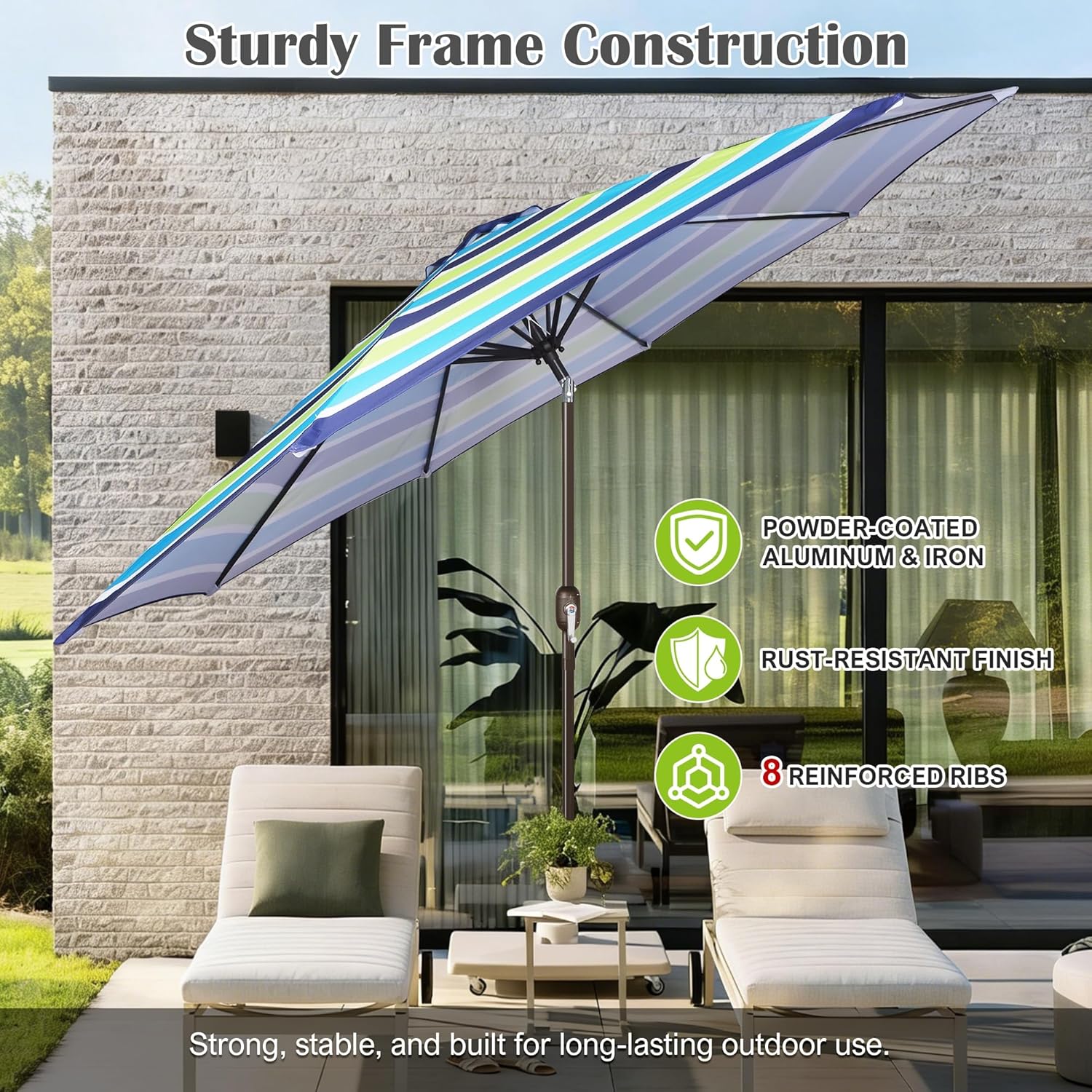 Blissun 10FT Outdoor Patio Umbrella, Outdoor Table Umbrella, Yard Umbrella, Market Umbrella with 8 Sturdy Ribs, Push Button Tilt and Crank