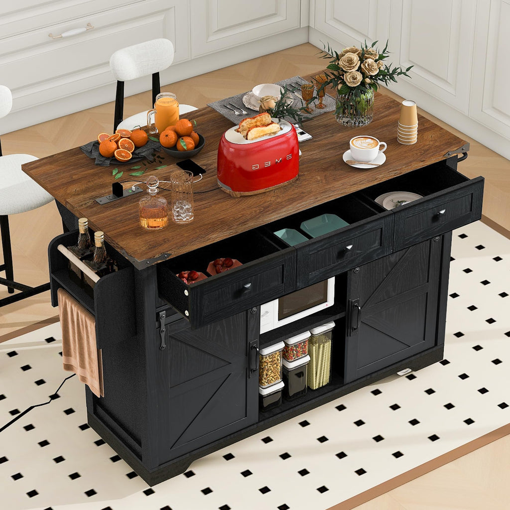 50.25" Kitchen Island Rolling Bar Cart & Storage Cabinet, Farmhouse Solid Wood Outdoor Grill Table with Stainless Steel Top and Spice, Towel Rack for BBQ,Natural