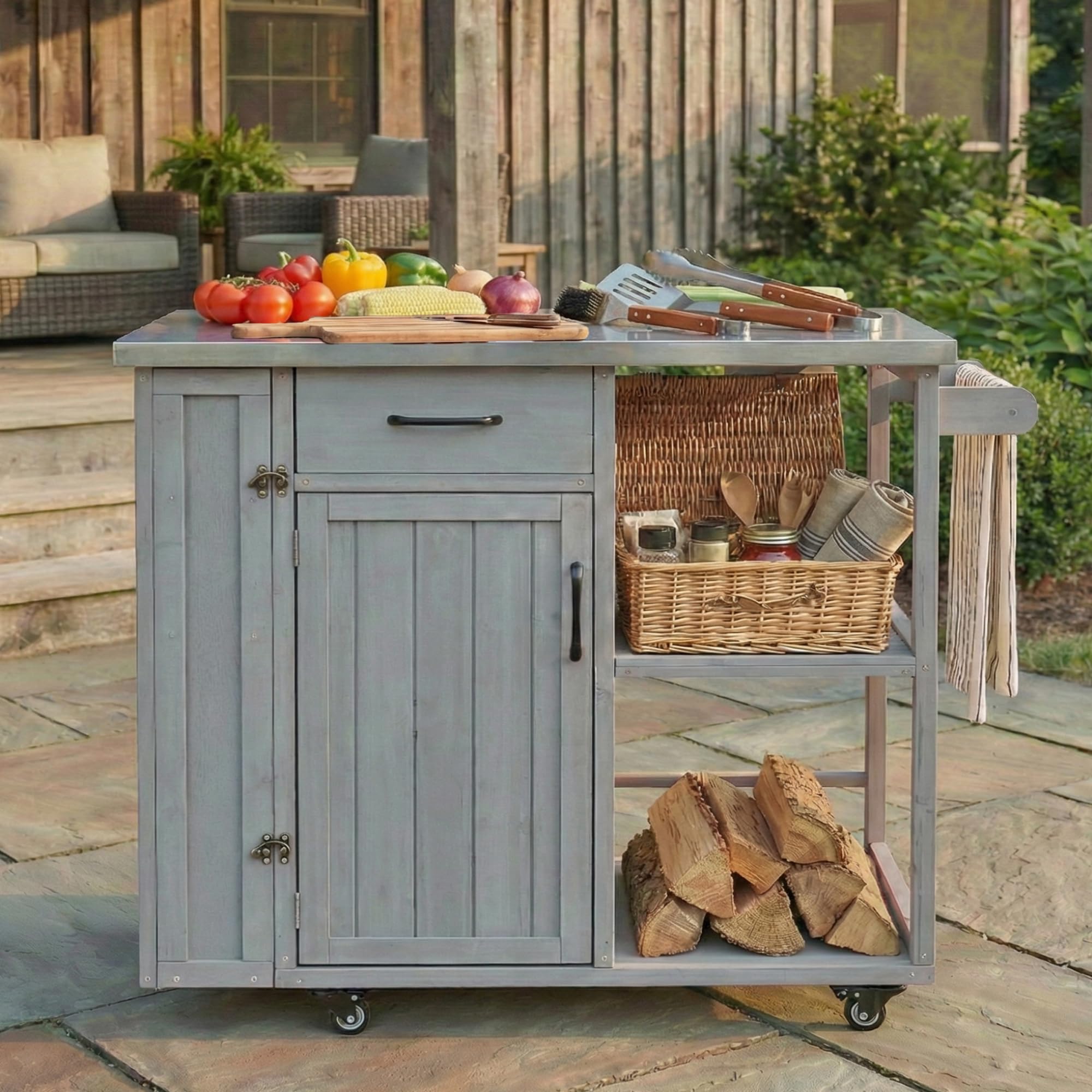 RuiSiSi Outdoor Kitchen Island with Stainless Steel Top, Rolling Grill Cart with Storage Cabinet, Drawer, Spice Rack & Towel Holder, Solid Wood BBQ Prep Table for Patio Backyard, Gray