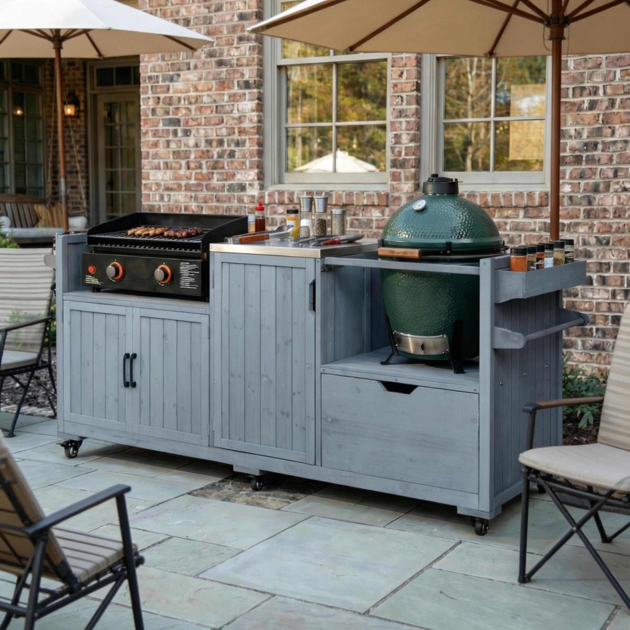 Outdoor Grill Table with Stainless Steel Top, Solid Wood Outdoor Kitchen Island with Drawer for Big Green Egg, Rolling Kitchen Cart for Blackstone Griddle (Dark Brown)