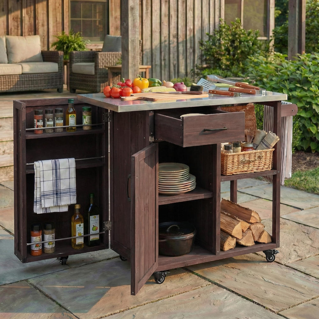 RuiSiSi Outdoor Kitchen Island with Stainless Steel Top, Rolling Grill Cart with Storage Cabinet, Drawer, Spice Rack & Towel Holder, Solid Wood BBQ Prep Table for Patio Backyard, Gray