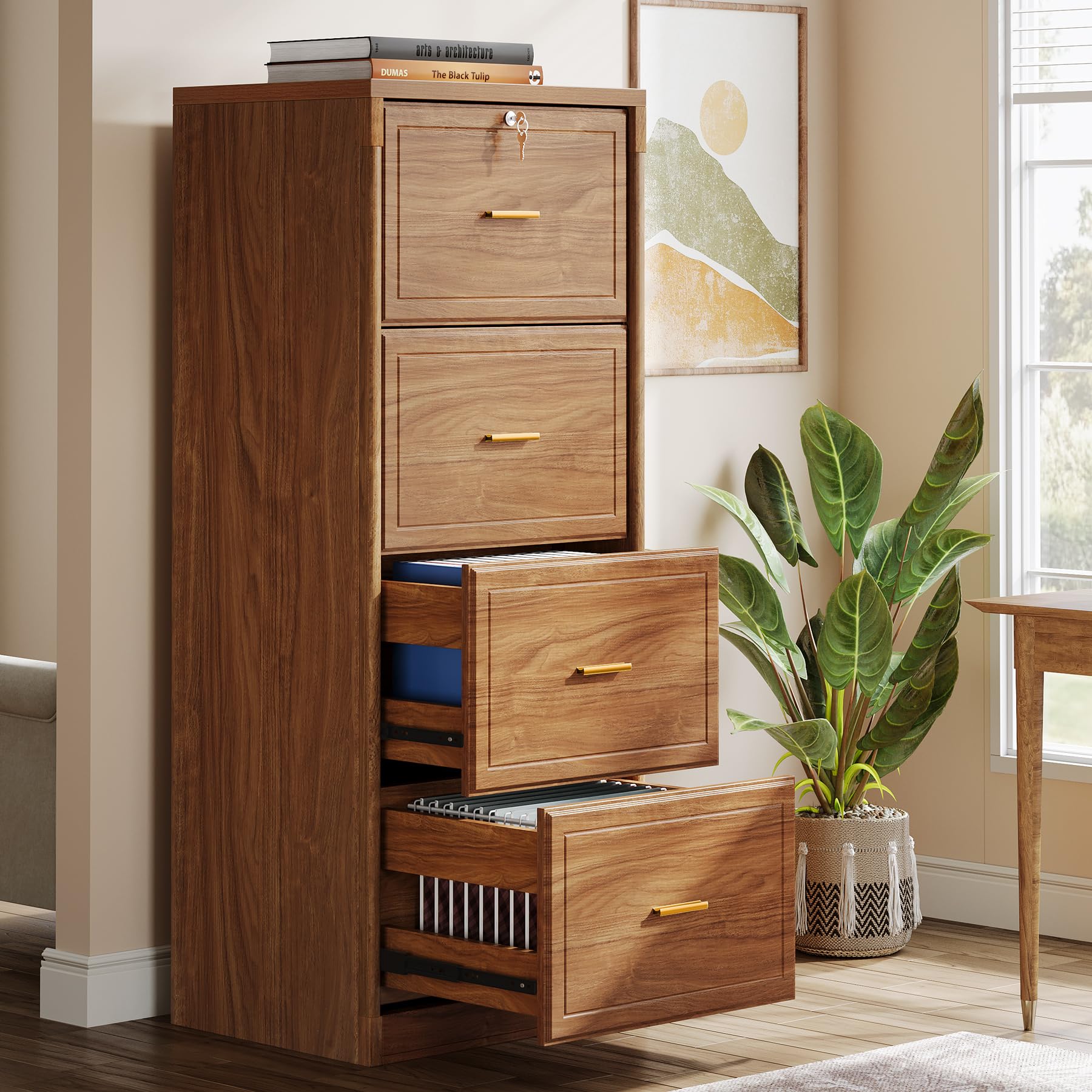 Tribesigns 4-Drawer File Cabinet with Lock, Locked File Cabinet with Key, Tall Wooden Filing Cabinets for Home Office, Vertical Office Storage for Legal Size/Letter/A4/Files, Black