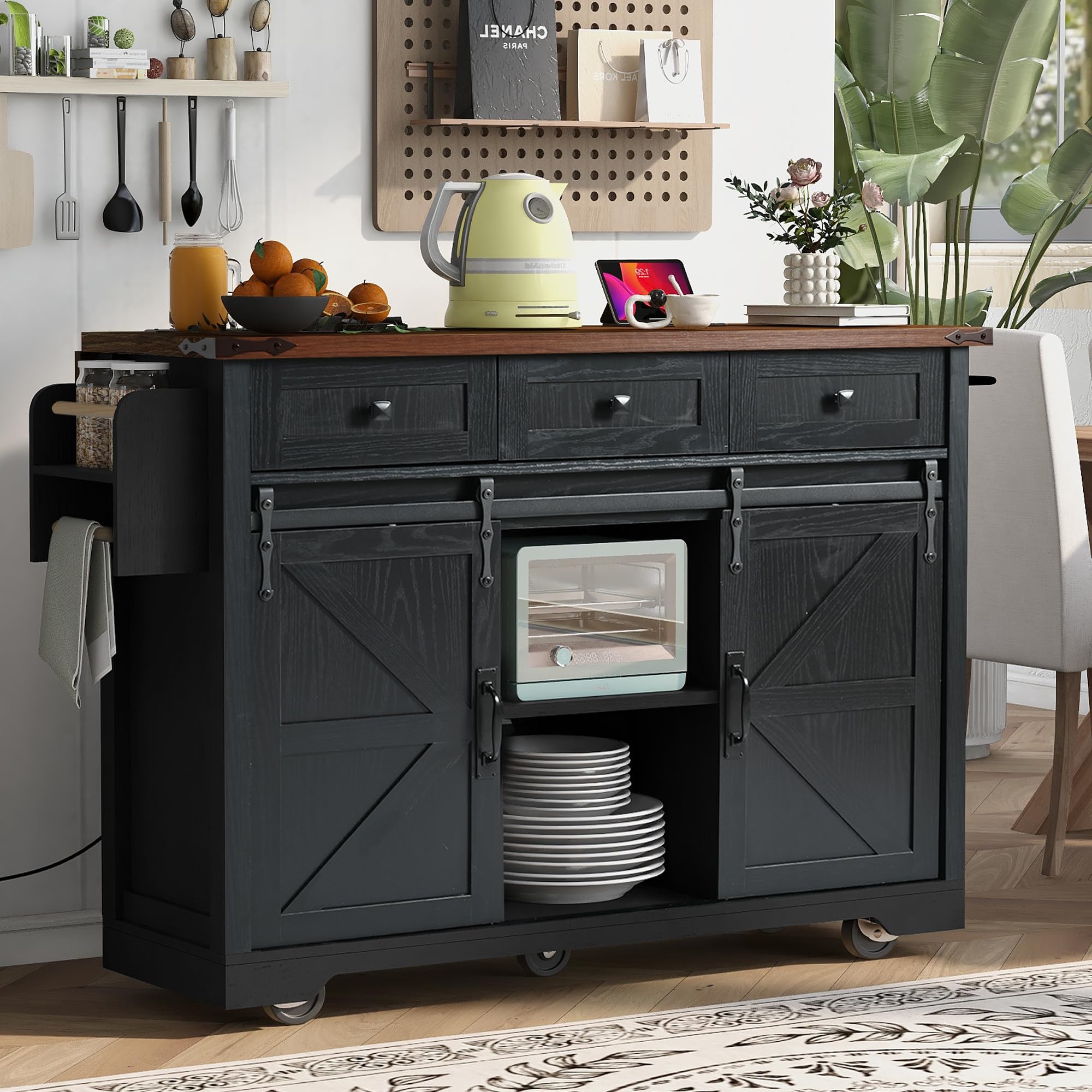 Farmhouse Outdoor Kitchen Island, Rolling Bar Cart & Storage Cabinet with Stainless Steel Top, Spice Rack, Towel Rack for Kitchen & Barbecue, Solid Wood Outdoor Grill Table (Natural)