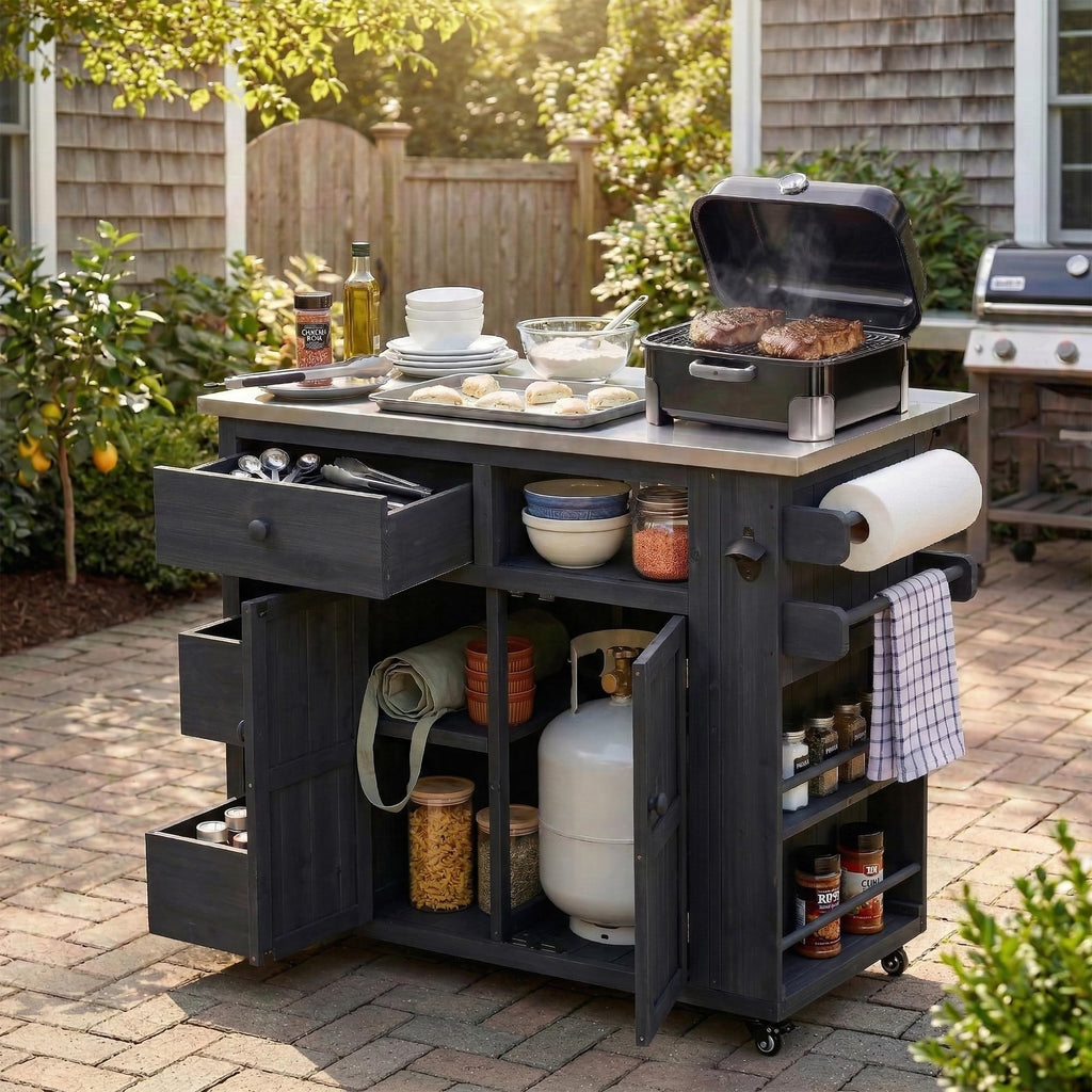 Outdoor Grill Table with Stainless Steel Top, Solid Wood Outdoor Kitchen Island with Drawer for Big Green Egg, Rolling Kitchen Cart for Blackstone Griddle (Dark Brown)