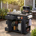 Outdoor Grill Table with Stainless Steel Top, Solid Wood Outdoor Kitchen Island with Drawer for Big Green Egg, Rolling Kitchen Cart for Blackstone Griddle (Dark Brown)
