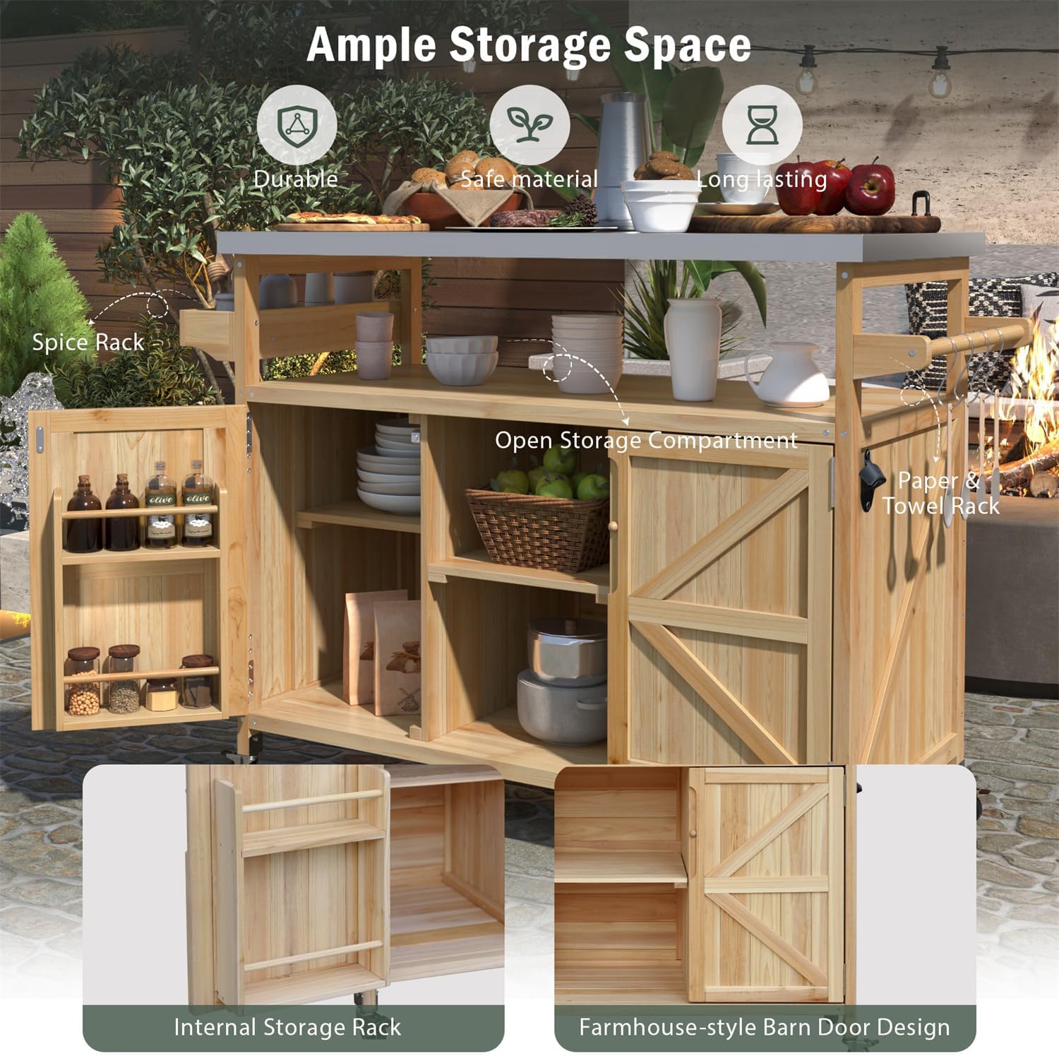 Linique Outdoor Kitchen Island, Rolling Bar Cart with Storage Cabinet, Farmhouse Solid Wood Outdoor Grill Table with Stainless Steel Top, Spice Rack, Towel Rack for Yard, Patio, Natural