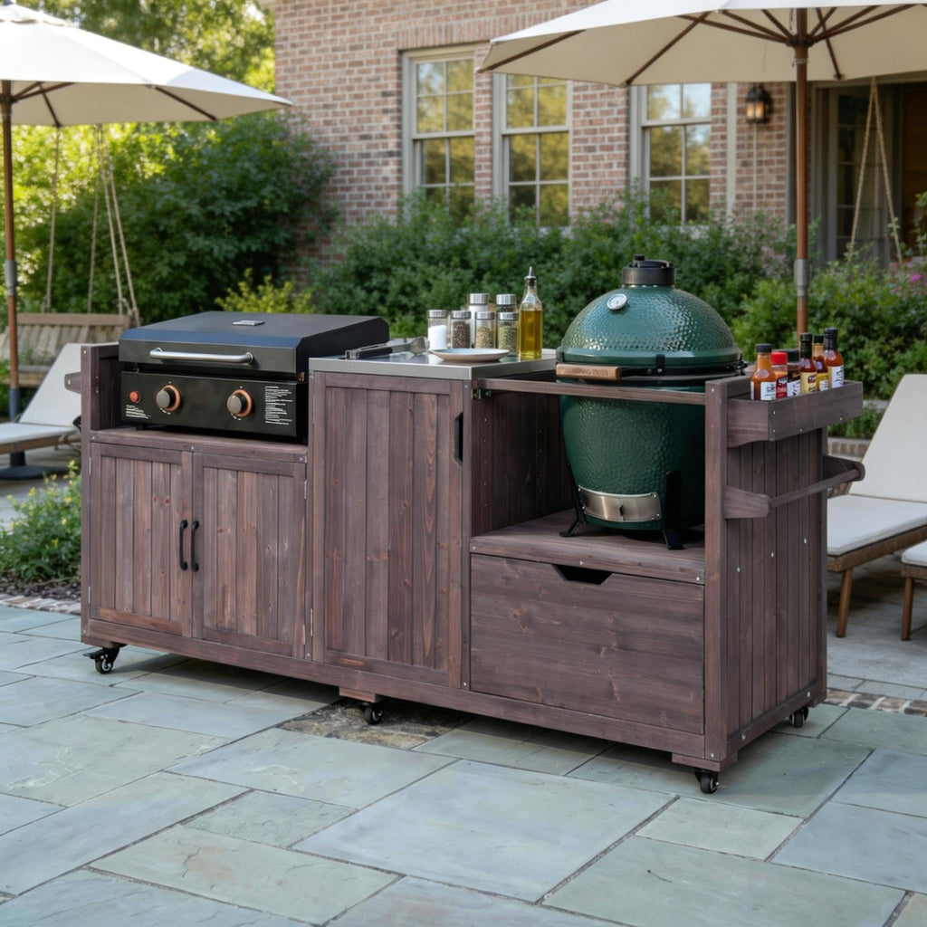 Outdoor Kitchen Island with Stainless Steel Top and Drawer, Solid Wood Grill Cart Table for Big Green Egg and Blackstone Griddle (Dark Brown)