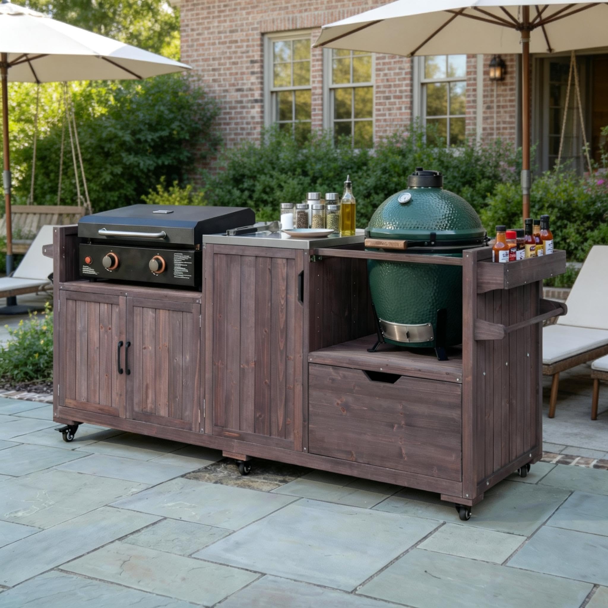 Outdoor Kitchen Island with Stainless Steel Top and Drawer, Solid Wood Grill Cart Table for Big Green Egg and Blackstone Griddle (Dark Brown)