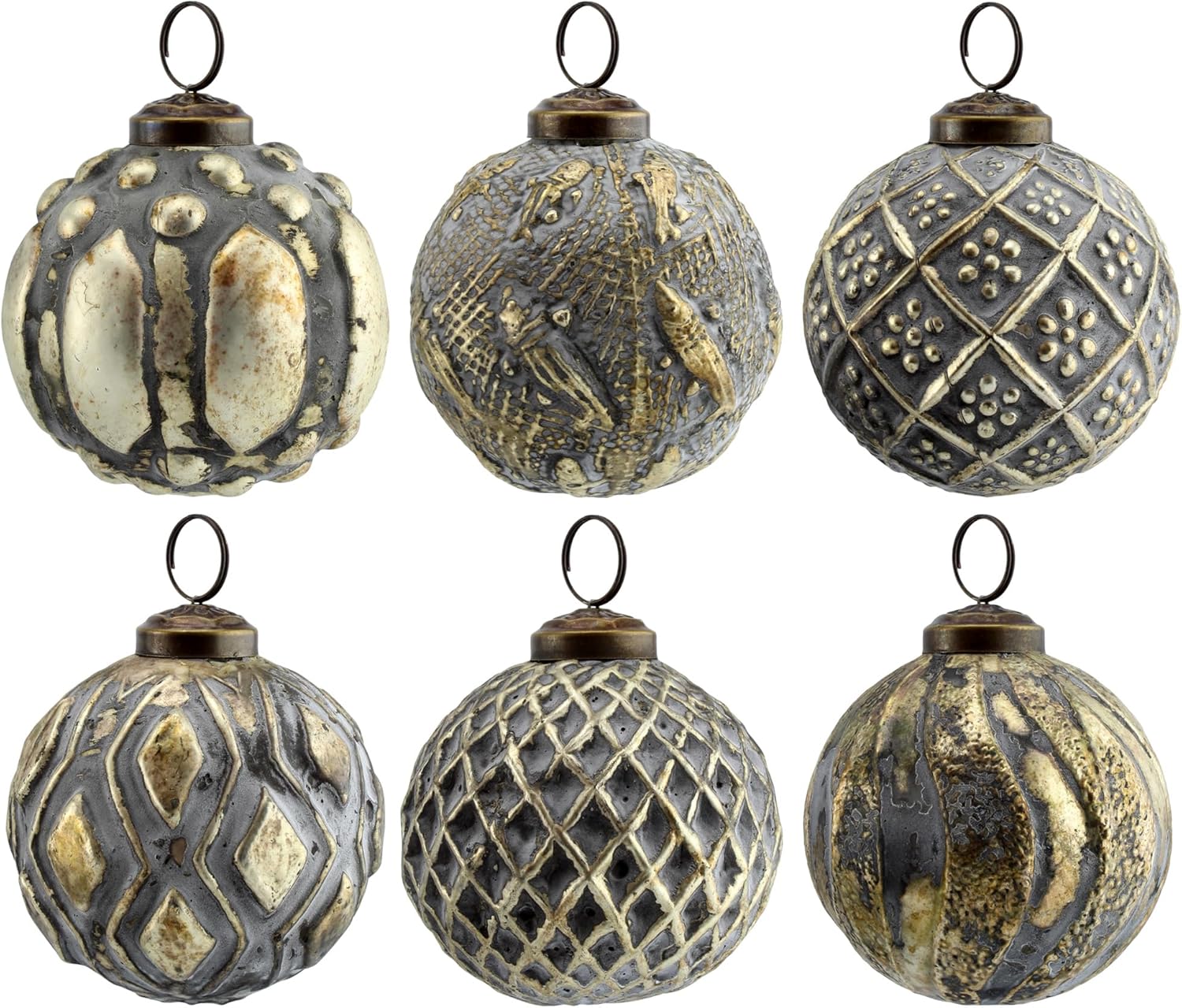 AuldHome Design Farmhouse Ball Ornaments (Set of 6, Antique Gold); Distressed Metal Glass Ball Vintage Style Christmas Decorations