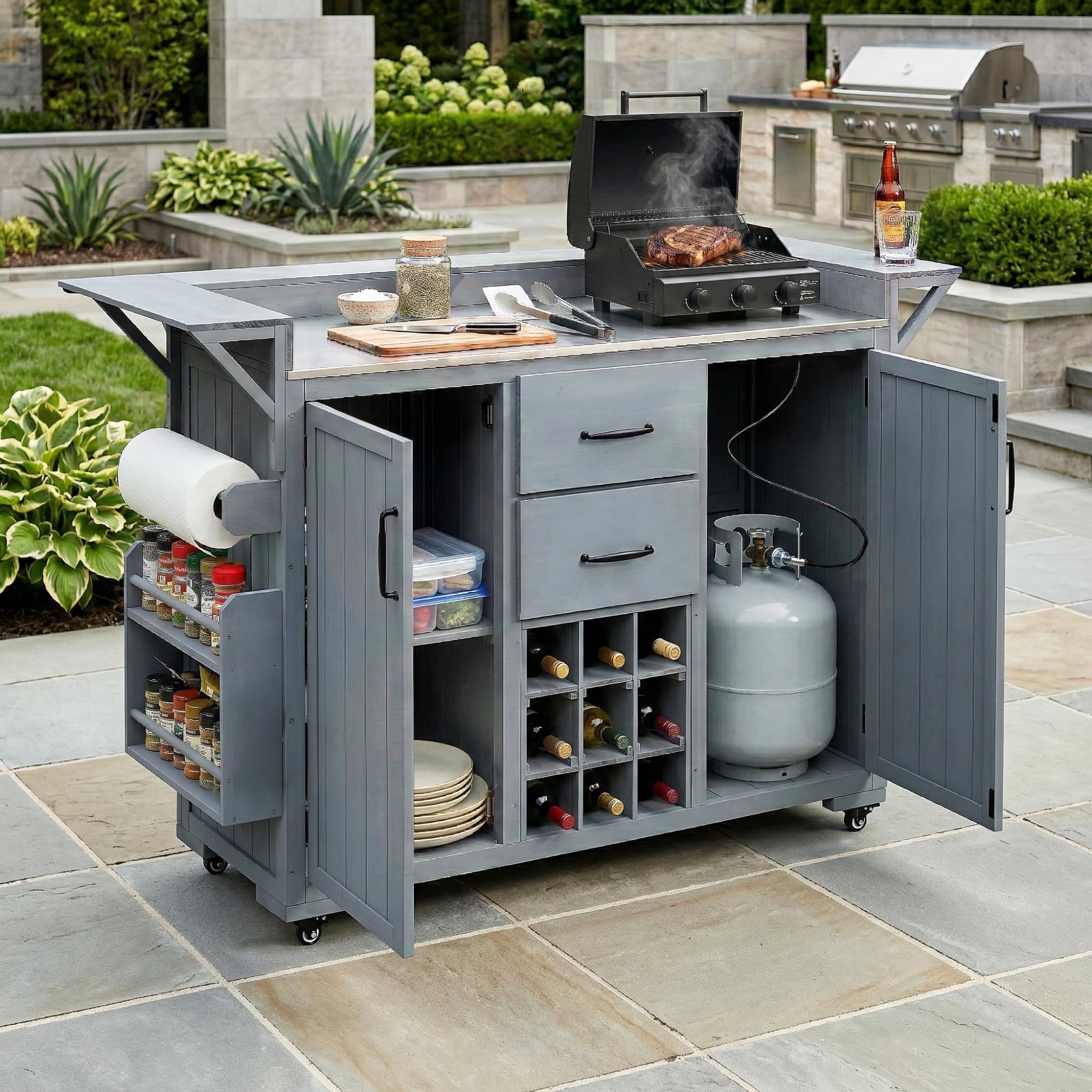 Outdoor Grill Table with Stainless Steel Top, Solid Wood Outdoor Kitchen Island with Drawer for Big Green Egg, Rolling Kitchen Cart for Blackstone Griddle (Dark Brown)