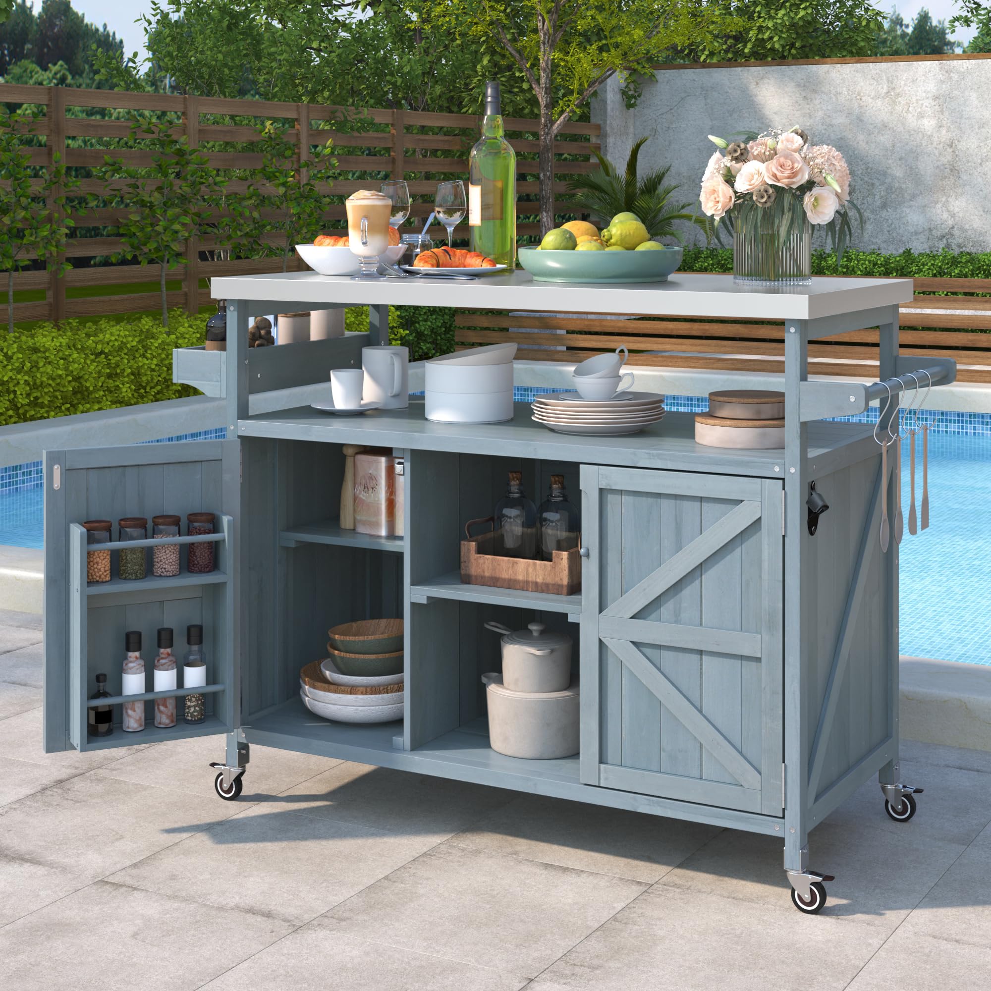 Outdoor Grill Table with Stainless Steel Top, Solid Wood Outdoor Kitchen Island with Drawer for Big Green Egg, Rolling Kitchen Cart for Blackstone Griddle (Dark Brown)