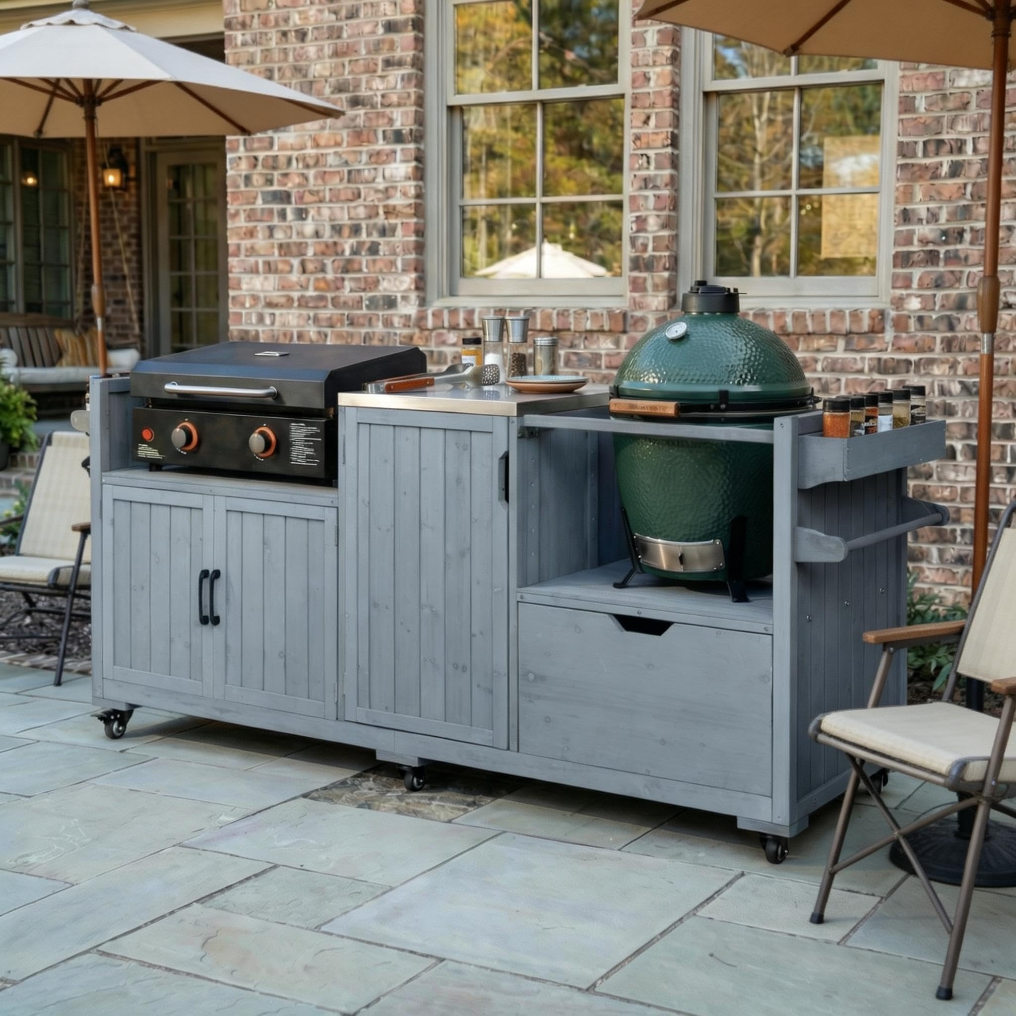 Outdoor Kitchen Island with Stainless Steel Top and Drawer, Solid Wood Grill Cart Table for Big Green Egg and Blackstone Griddle (Dark Brown)