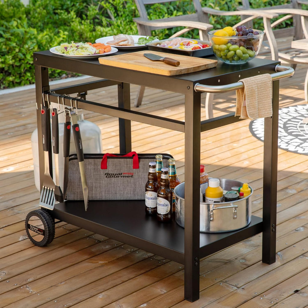 Royal Gourmet Dining Cart Table with Double-Shelf, Movable Stainless Steel Flattop Grill Cart, Hooks, Side Handle, Multifunctional PC3401B (Black)