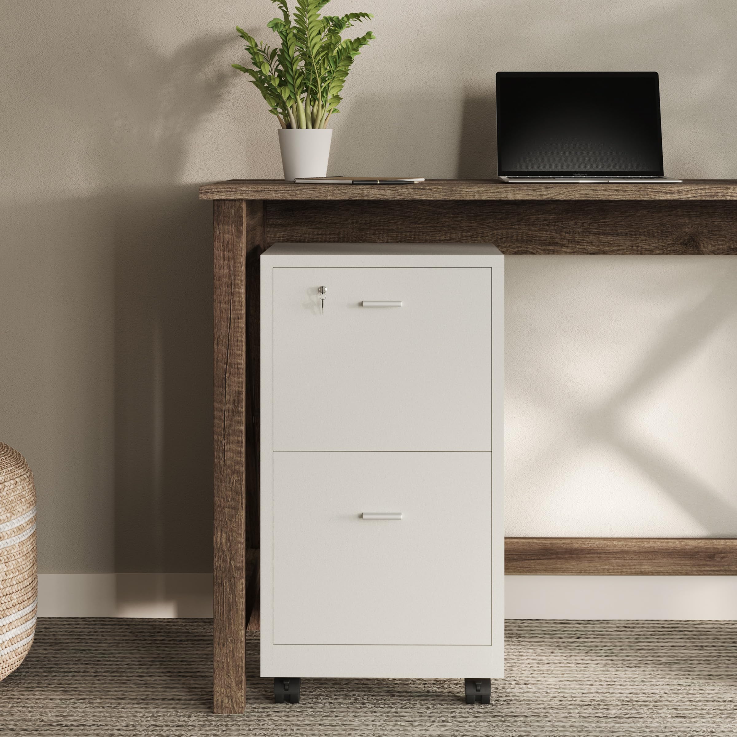 Lavish Home 2 Drawer File Cabinet - Filing Cabinet with Lock - Rolling File Cabinet for Under Desk Storage - Wood Filing Cabinet for Home or Office Organization (White)