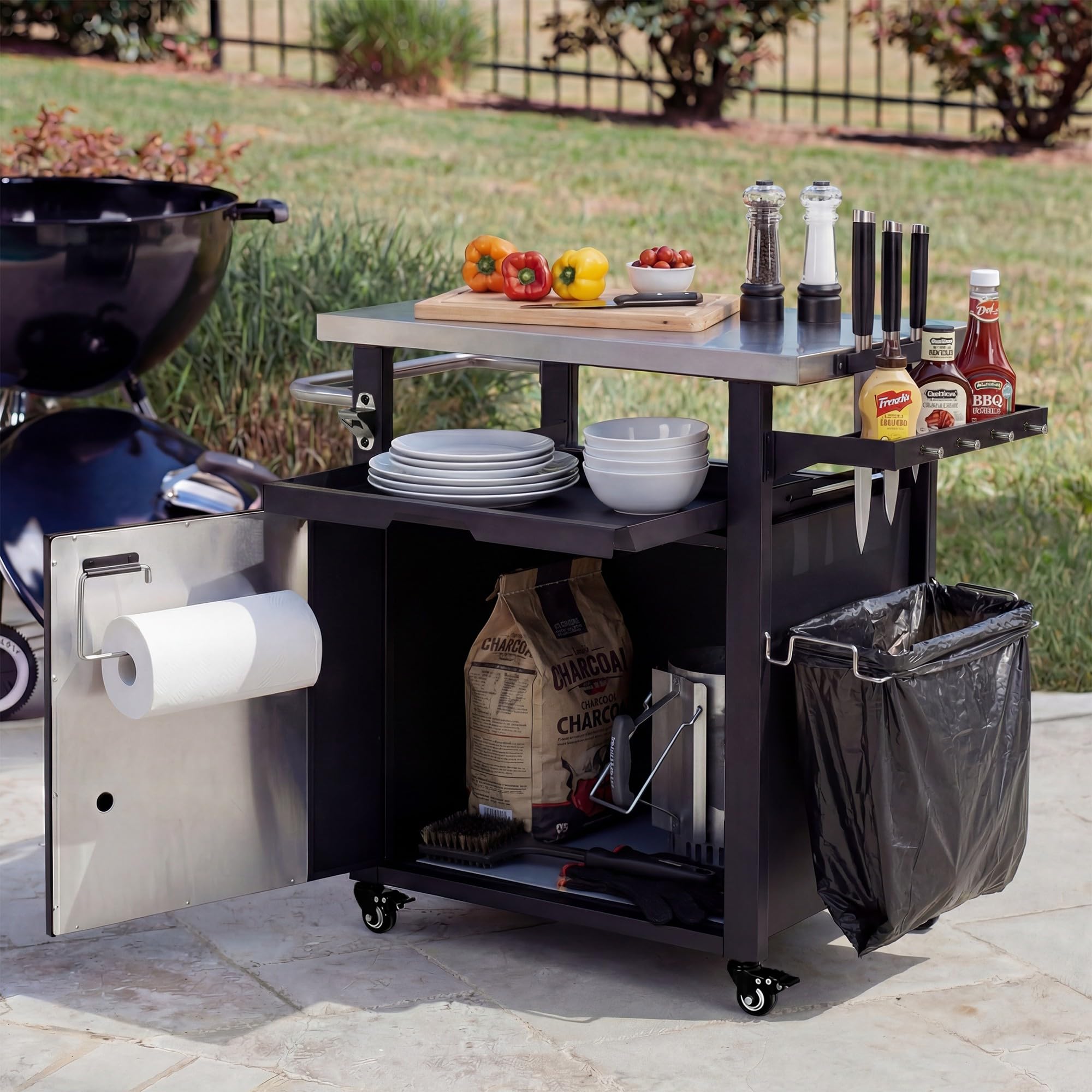 Outdoor Grill Table with Stainless Steel Top, Solid Wood Outdoor Kitchen Island with Drawer for Big Green Egg, Rolling Kitchen Cart for Blackstone Griddle (Dark Brown)