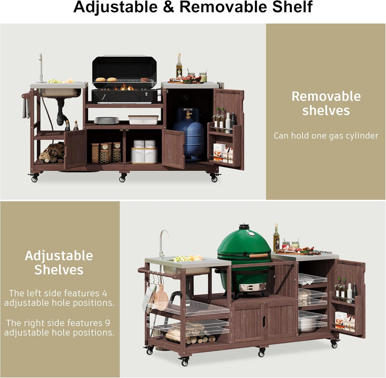75.4" Outdoor Kitchen Island with Sink, Solid Wood Grill Cart, Rolling BBQ Prep Station with Stainless Steel Top, Towel Rack & Spice Rack, BBQ Cart (Grills NOT Included) (Brown, 75.4 inch)