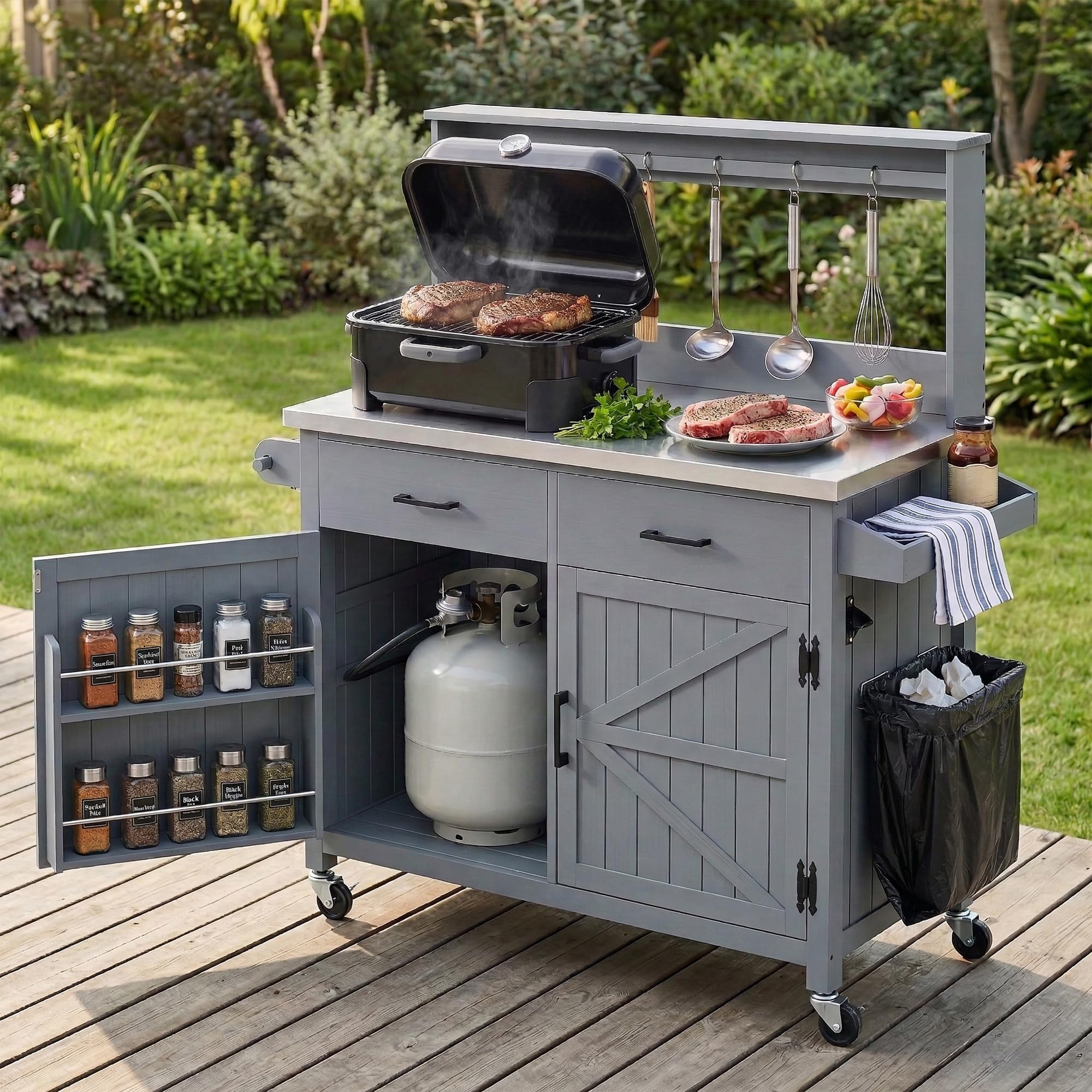 Outdoor Grill Table with Stainless Steel Top, Solid Wood Outdoor Kitchen Island with Drawer for Big Green Egg, Rolling Kitchen Cart for Blackstone Griddle (Dark Brown)