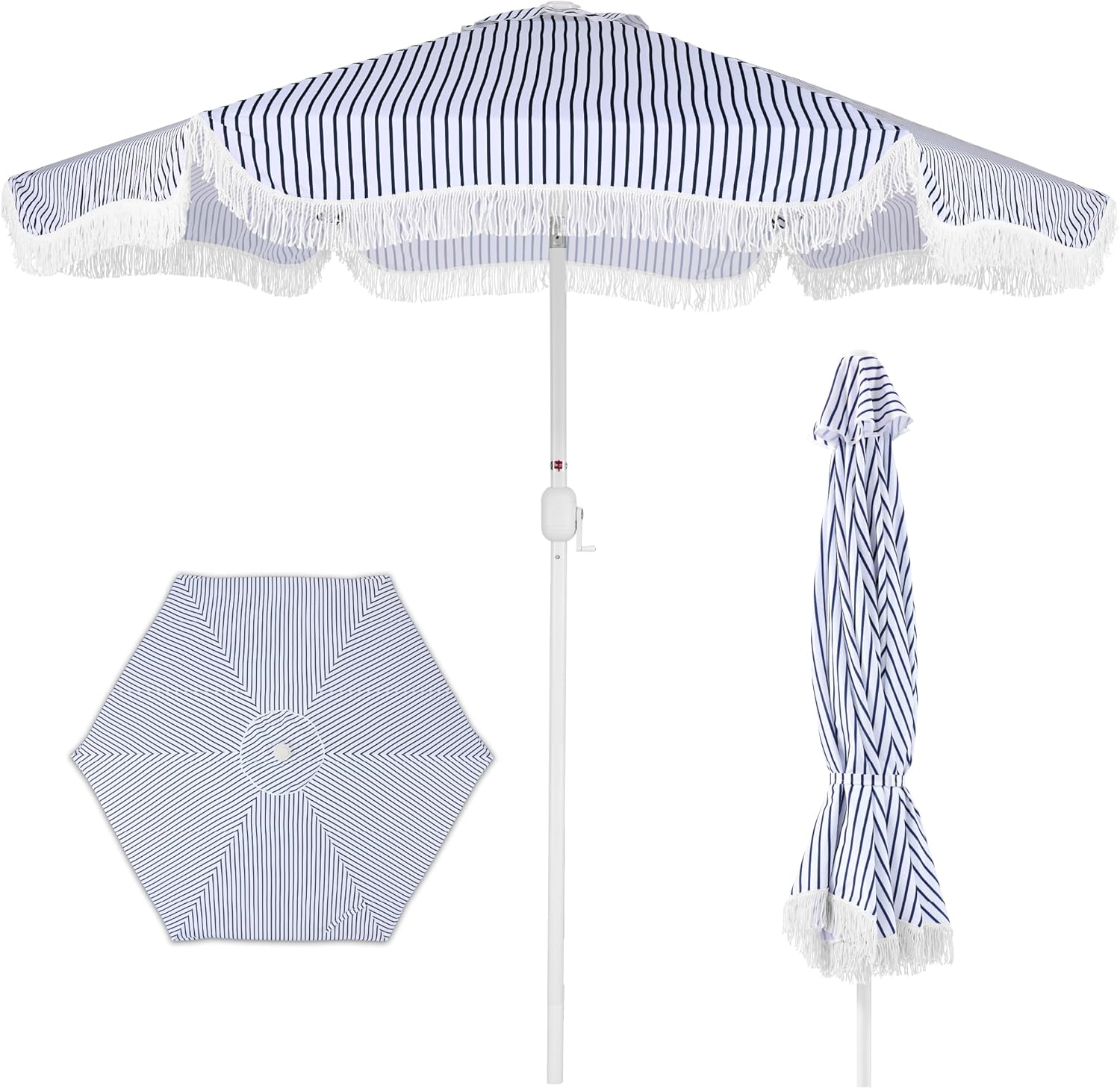 Best Choice Products 9ft Fringe Market Patio Umbrella – Outdoor Boho Tassel Sunshade for Table, Pool, Deck, Backyard – UPF50+, Easy Tilt, Heavy Duty Steel Pole & Ribs - Navy Pinstripe