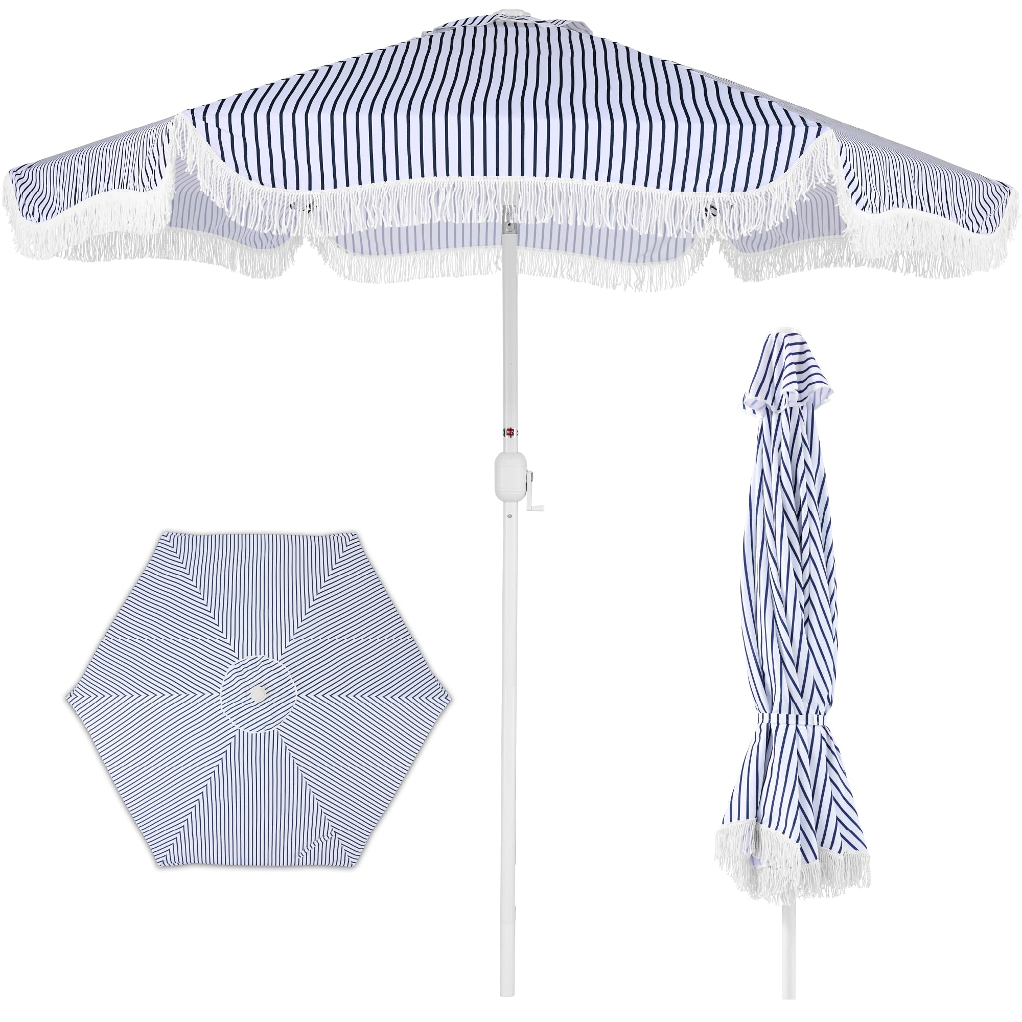 Best Choice Products 9ft Fringe Market Patio Umbrella – Outdoor Boho Tassel Sunshade for Table, Pool, Deck, Backyard – UPF50+, Easy Tilt, Heavy Duty Steel Pole & Ribs - Navy Pinstripe