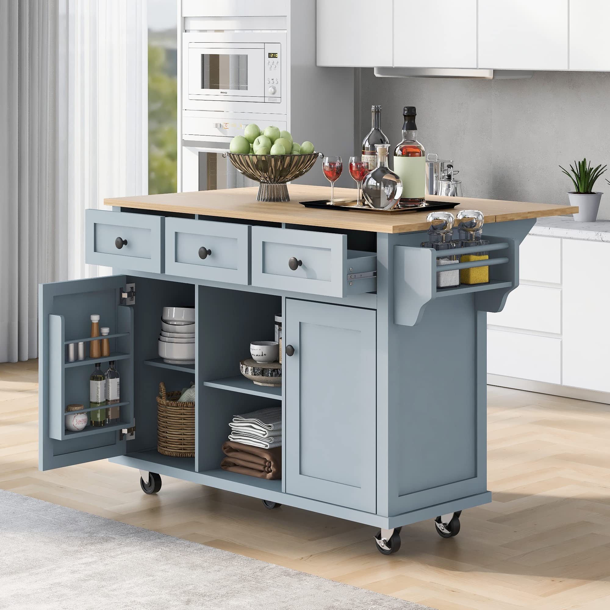 Farmhouse Outdoor Kitchen Island, Rolling Bar Cart & Storage Cabinet with Stainless Steel Top, Spice Rack, Towel Rack for Kitchen & Barbecue, Solid Wood Outdoor Grill Table (Natural)
