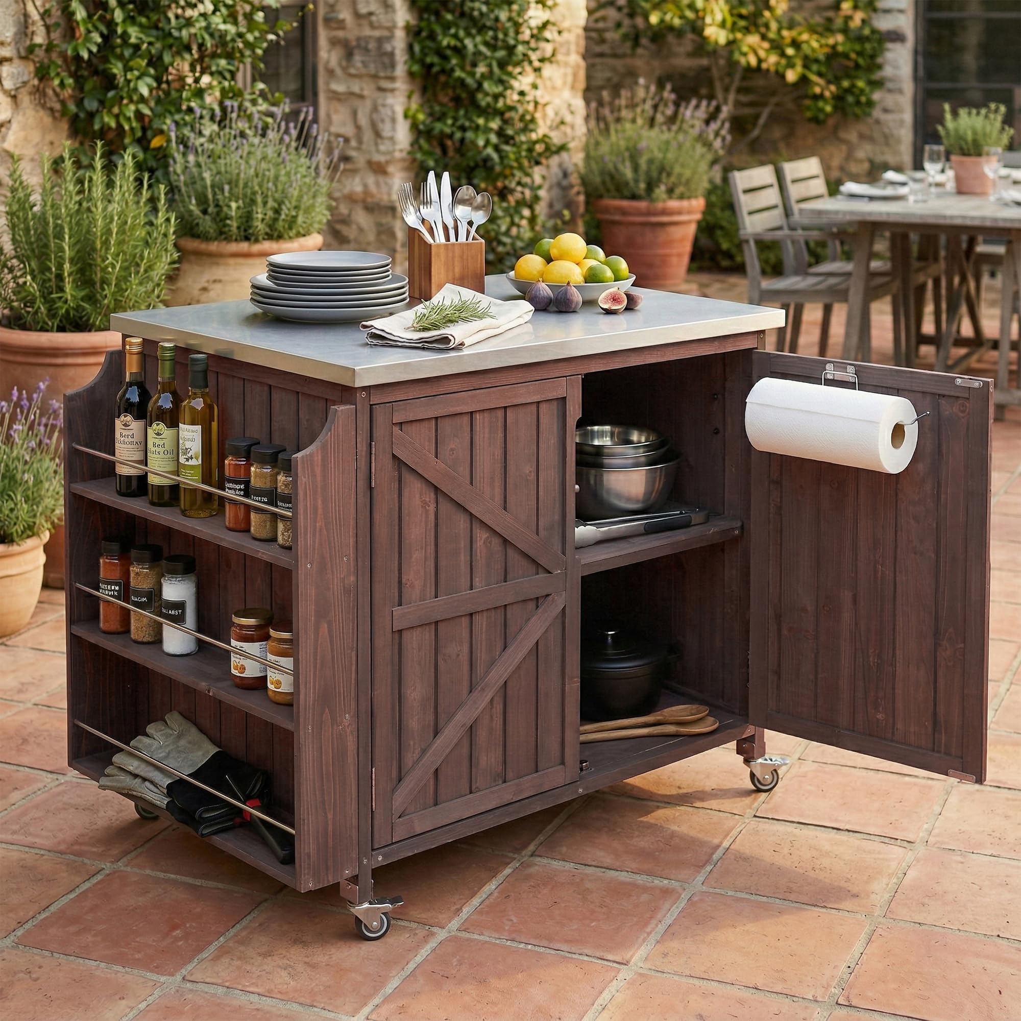 Outdoor Grill Table with Stainless Steel Top, Solid Wood Outdoor Kitchen Island with Drawer for Big Green Egg, Rolling Kitchen Cart for Blackstone Griddle (Dark Brown)