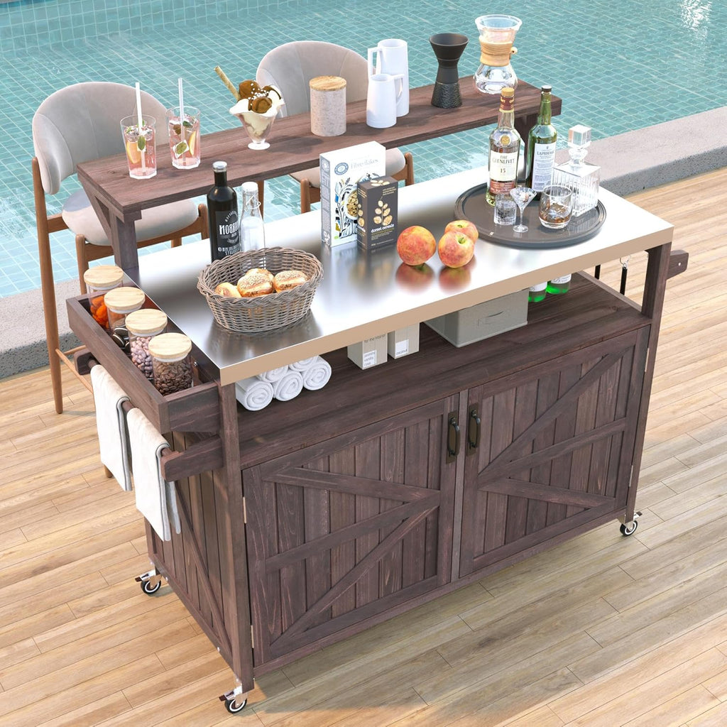 YOPTO 53.3" Outdoor Kitchen Island with Raised Shelf,Solid Wood Grill Cart,Stainless Steel Top,Adjustable Shelf,Spice Rack,Lockable Wheels,Brown