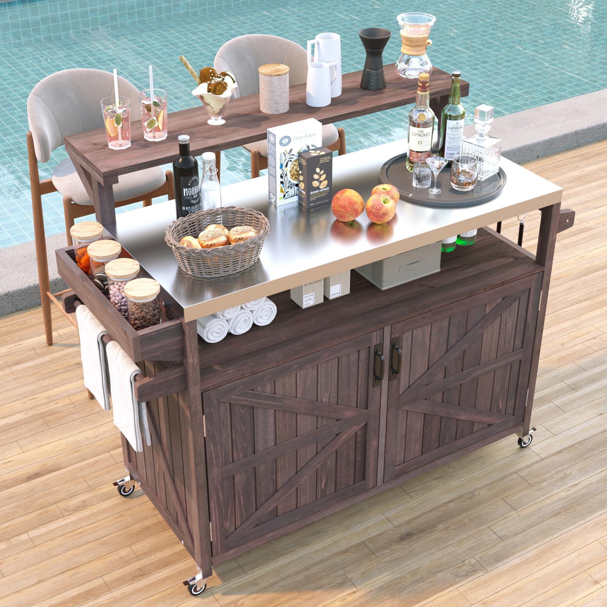 Outdoor Grill Table with Stainless Steel Top, Solid Wood Outdoor Kitchen Island with Drawer for Big Green Egg, Rolling Kitchen Cart for Blackstone Griddle (Dark Brown)