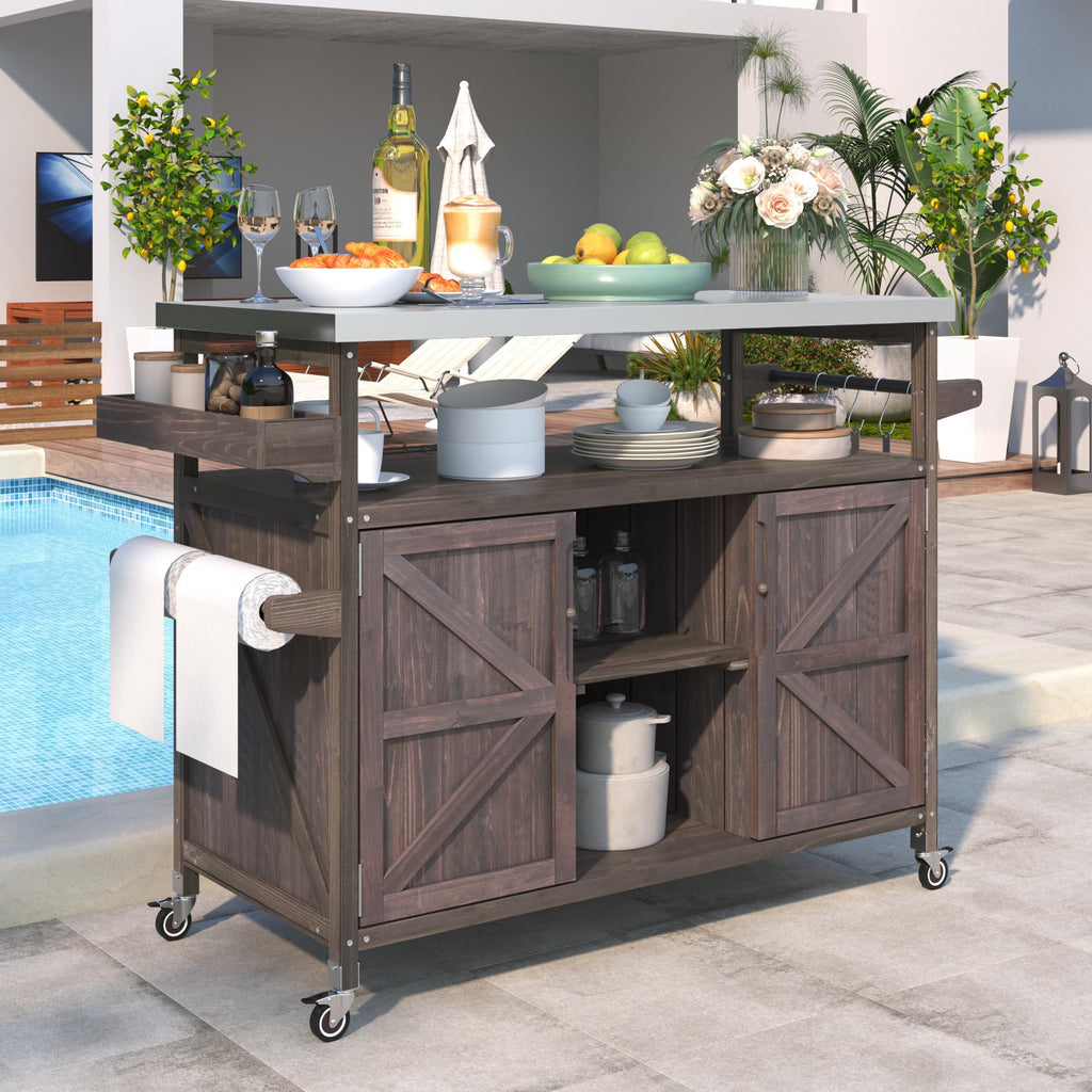 Outdoor Rolling Kitchen Island Outdoor Bar Cart with Storage Cabinet Farmhouse Solid Wood Outdoor Grill Table with Stainless Steel Top, Spice Rack,Towel Rack for Kitchen & BBQ (Natural)