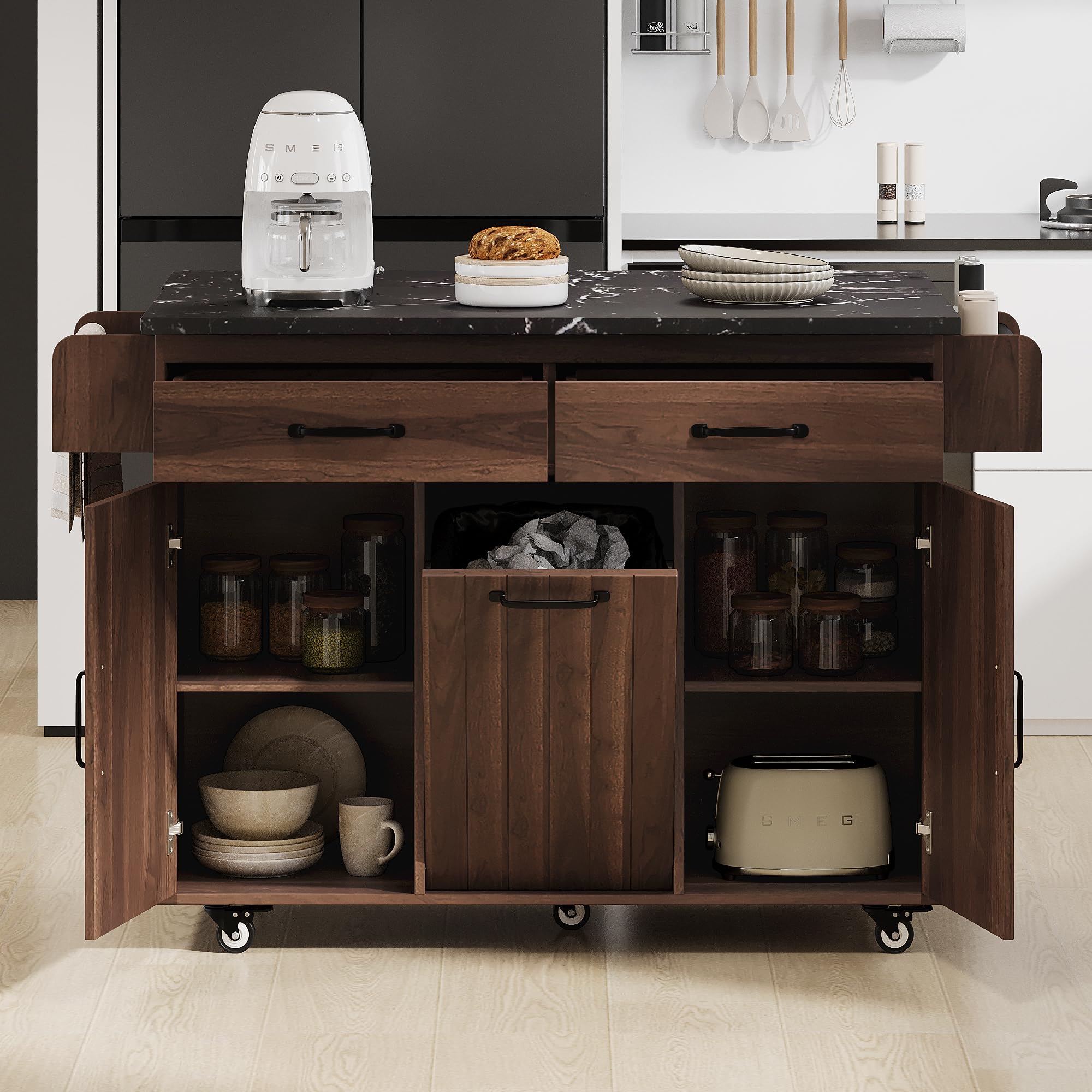 Farmhouse Outdoor Kitchen Island, Rolling Bar Cart & Storage Cabinet with Stainless Steel Top, Spice Rack, Towel Rack for Kitchen & Barbecue, Solid Wood Outdoor Grill Table (Natural)