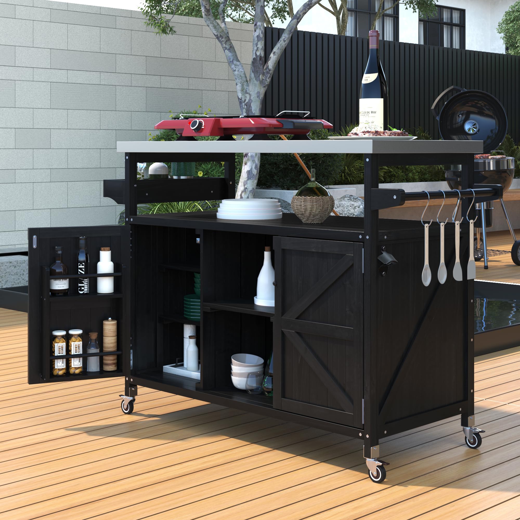 Outdoor Grill Table with Stainless Steel Top, Solid Wood Outdoor Kitchen Island with Drawer for Big Green Egg, Rolling Kitchen Cart for Blackstone Griddle (Dark Brown)
