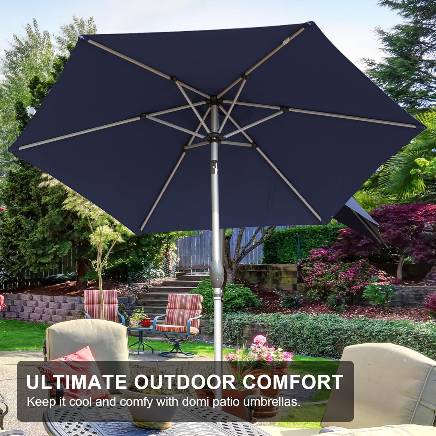 Domi 7.5FT Patio Umbrella Outdoor Market Umbrella with Silver Aluminum Pole, UV Resistant Canopy, Wind Vent, Tilt & Crank System, Perfect for Patio, Garden, Deck, Pool, Outdoor Dining, Navy Blue