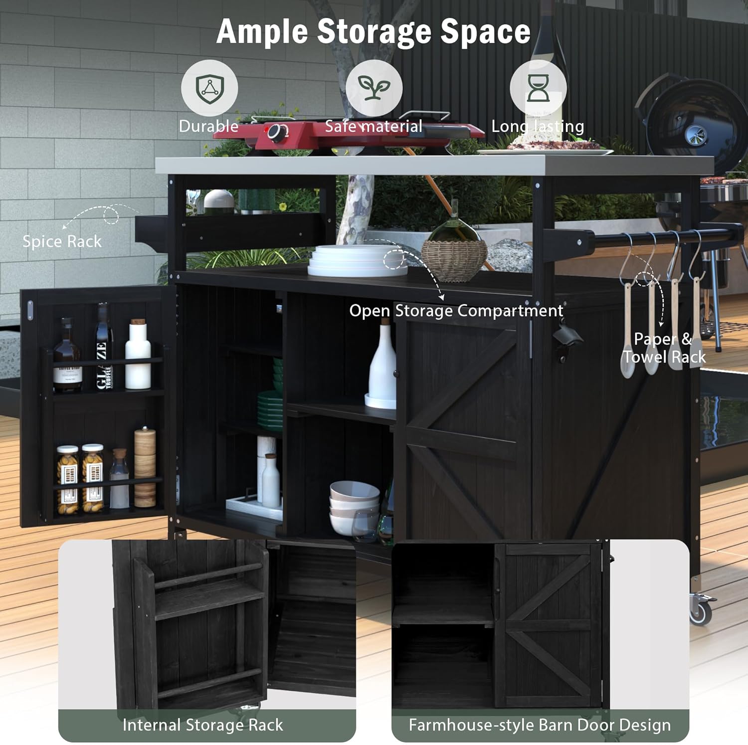 LUMISOL Outdoor Grill Table with Stainless Steel Top, Solid Wood Kitchen Island with Internal Storage Rack, Outdoor Storage Cabinet, Farmhouse Rolling Bar Cart with Spice & Towel Rack, Black