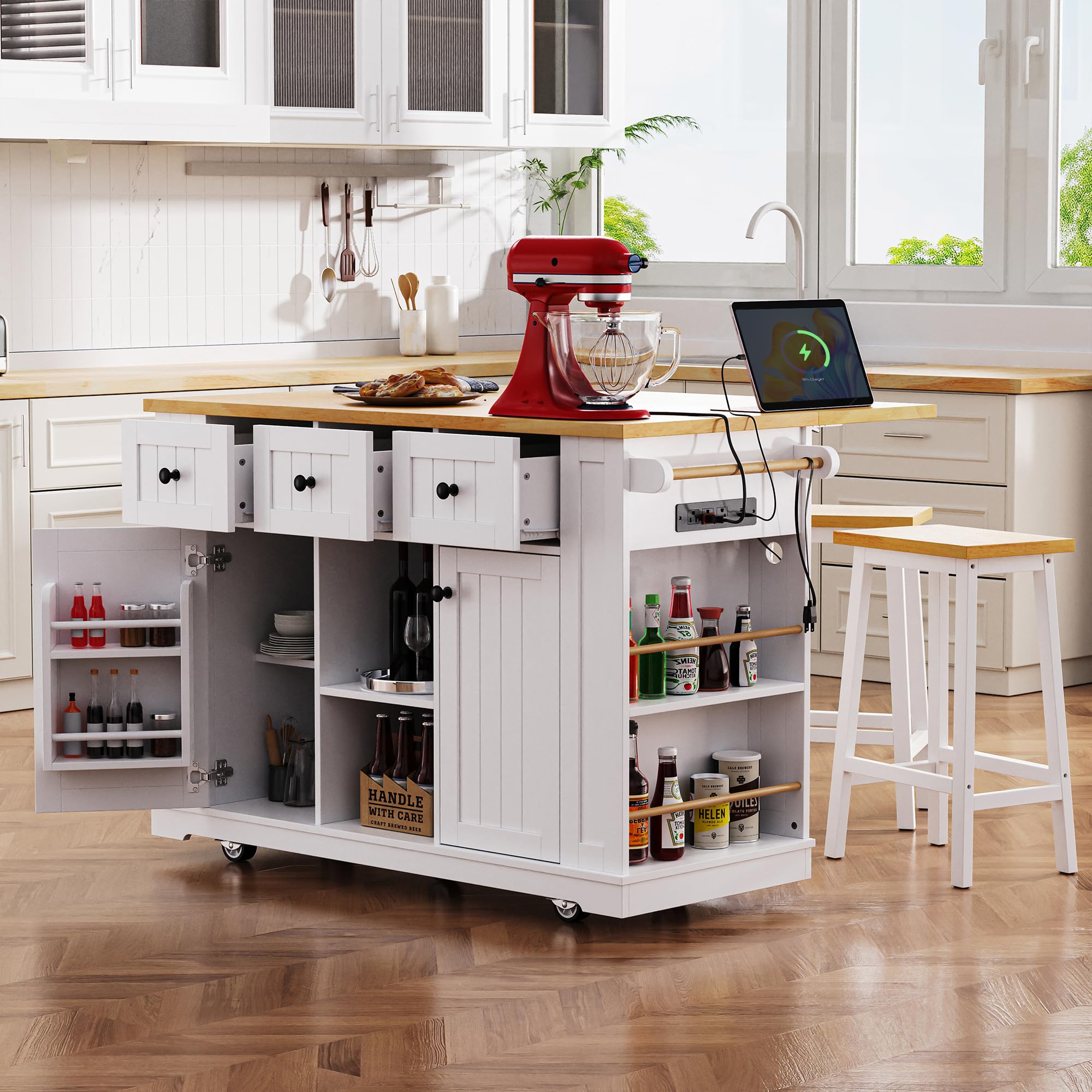 Farmhouse Outdoor Kitchen Island, Rolling Bar Cart & Storage Cabinet with Stainless Steel Top, Spice Rack, Towel Rack for Kitchen & Barbecue, Solid Wood Outdoor Grill Table (Natural)