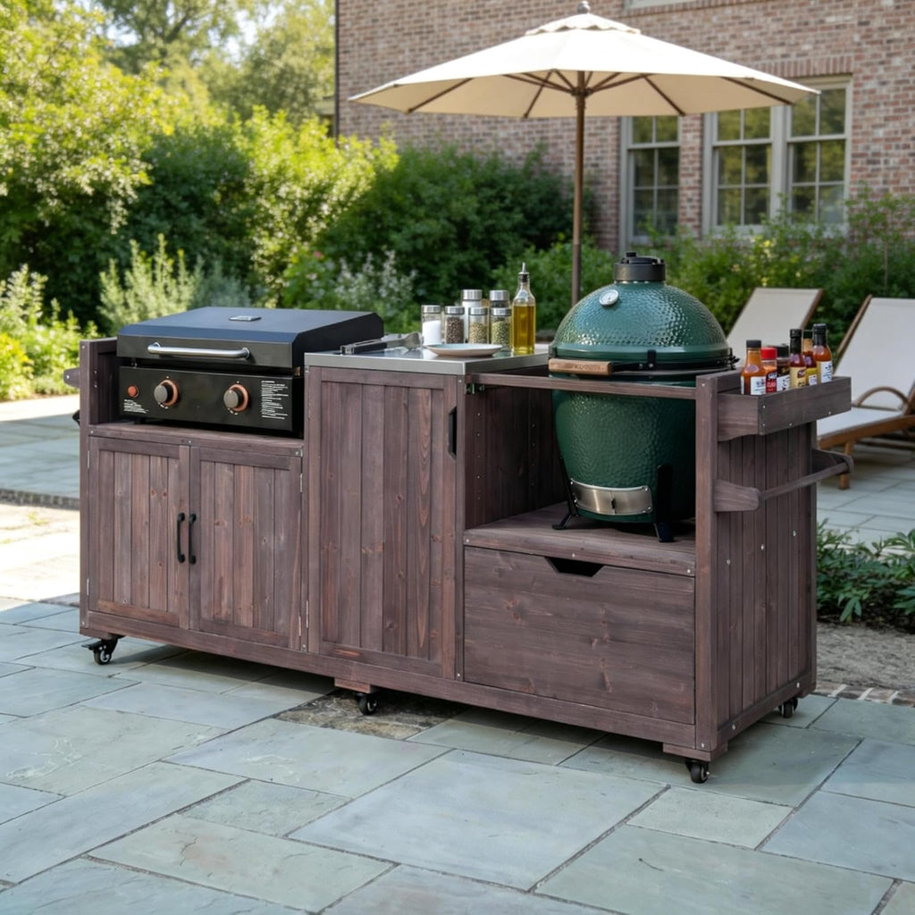 Outdoor Grill Table with Stainless Steel Top, Solid Wood Outdoor Kitchen Island with Drawer for Big Green Egg, Rolling Kitchen Cart for Blackstone Griddle (Dark Brown)